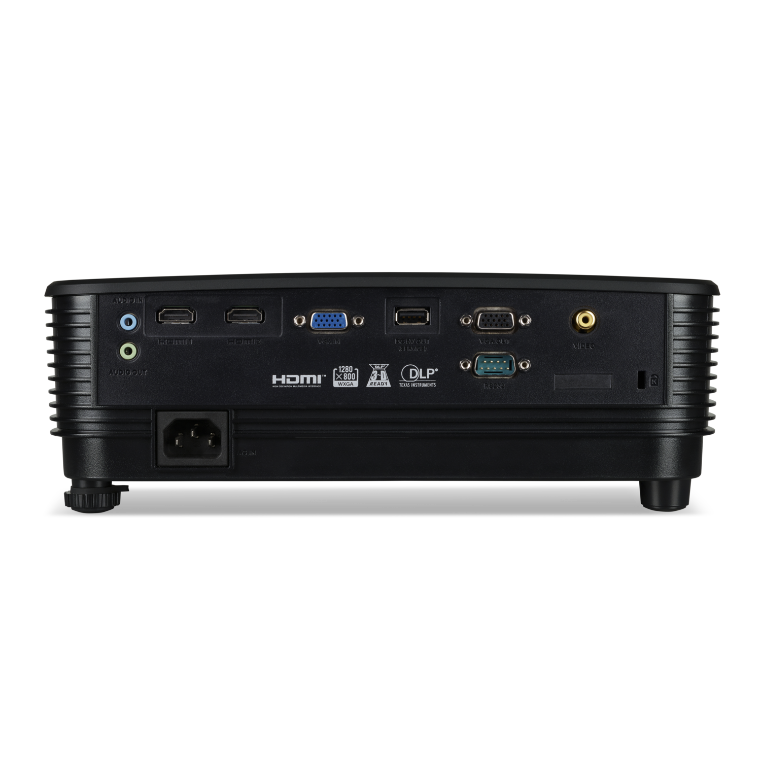The back of a black projector featuring ports for audio, HDMI, VGA, USB, and video.