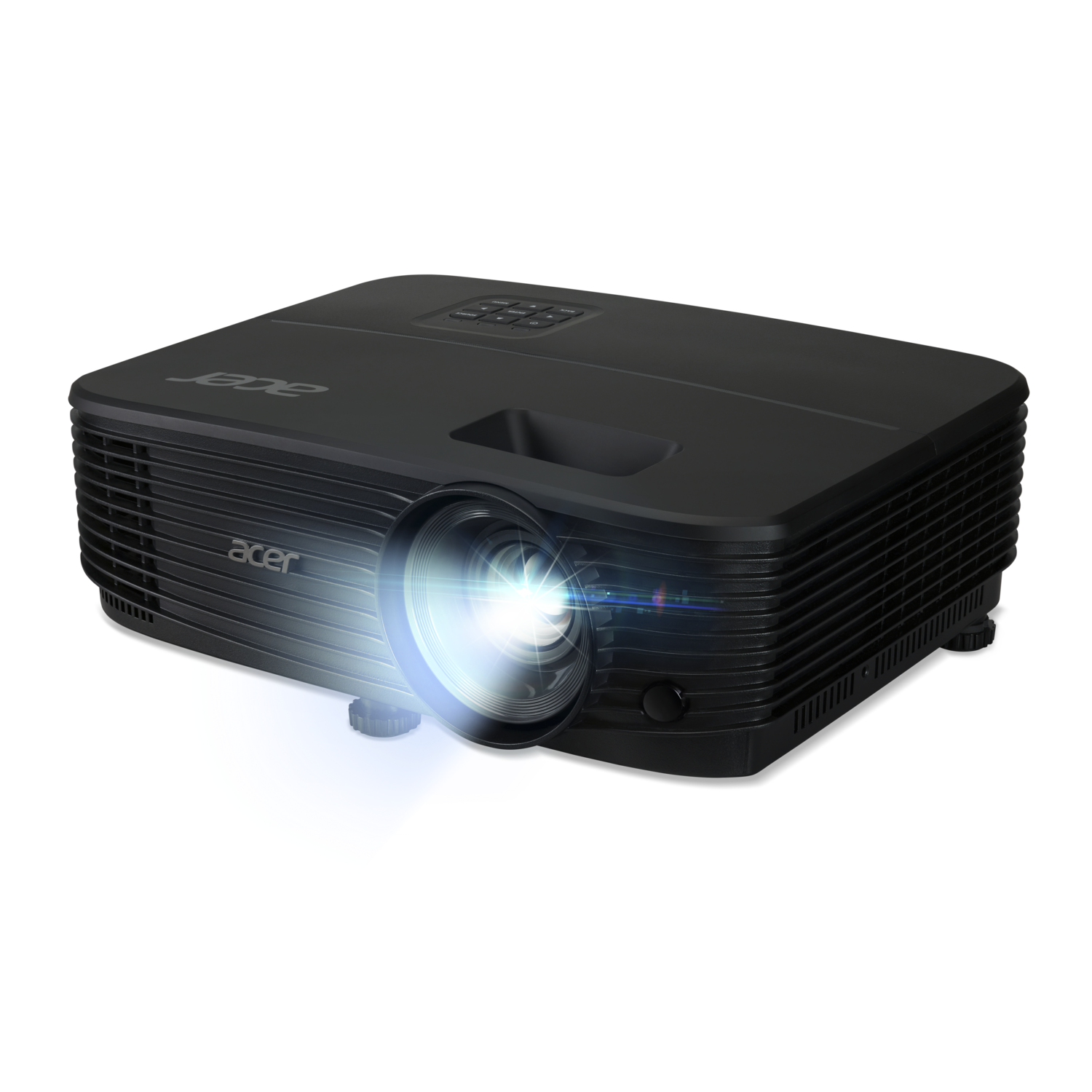 A black Acer projector is displayed against a black background. The lens emits bright light.