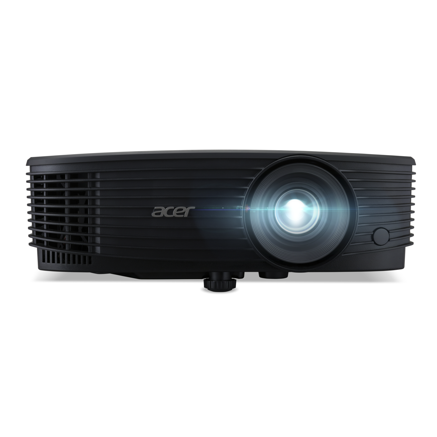A black Acer projector is centered against a black background, its lens emitting a bright light.