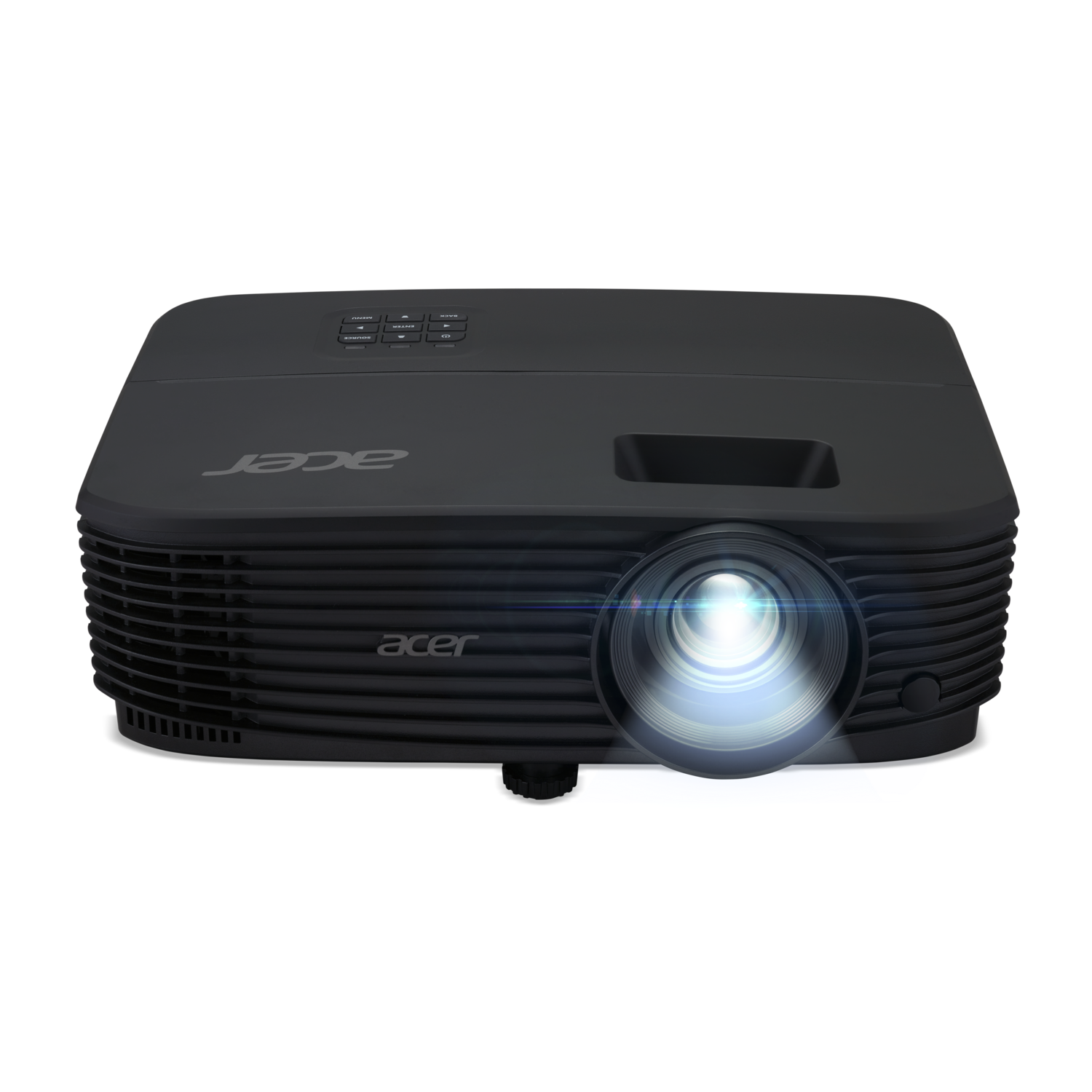 A black Acer projector with a bright light beam projecting from the lens. The logo is visible on the top. The background is black.