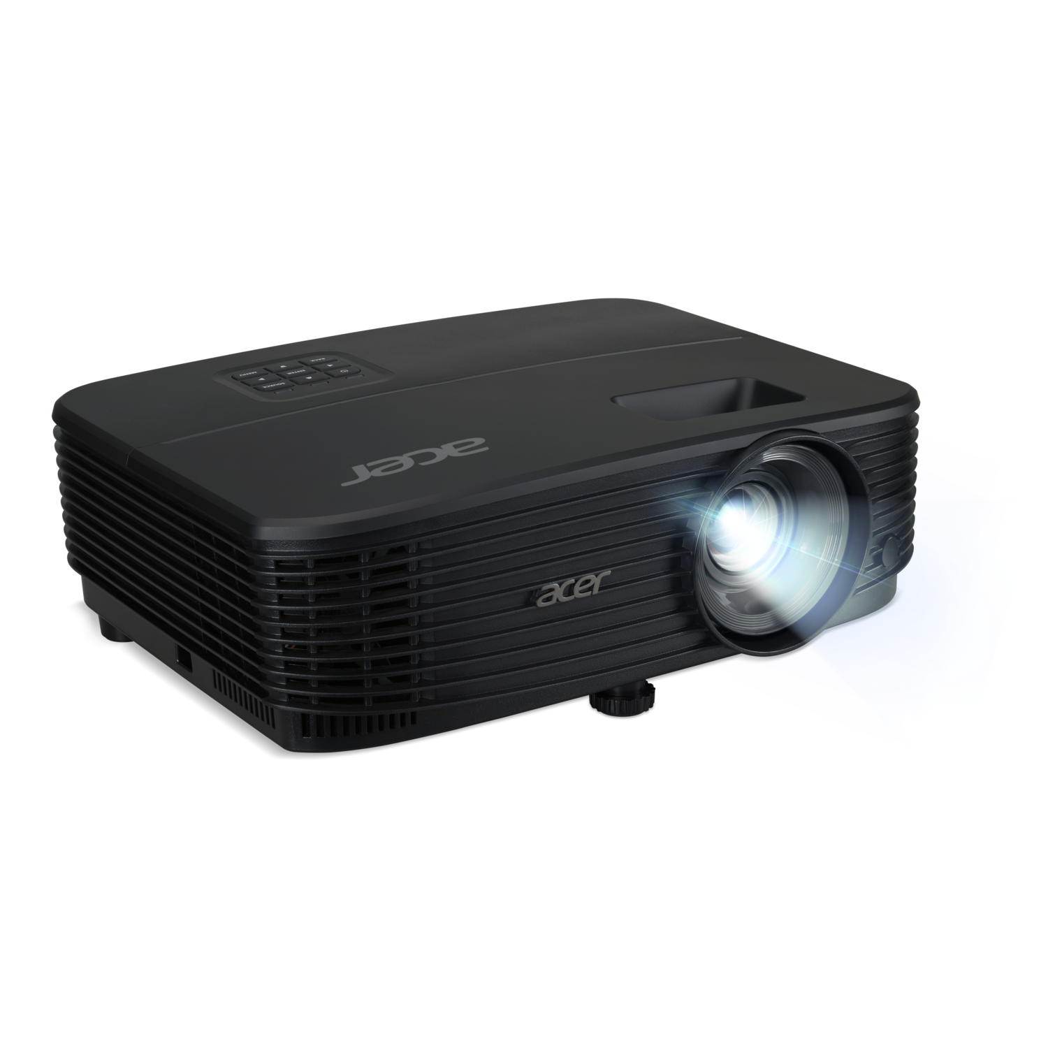 A black Acer projector on a black background. The lens emits a bright light. The Acer logo is visible.