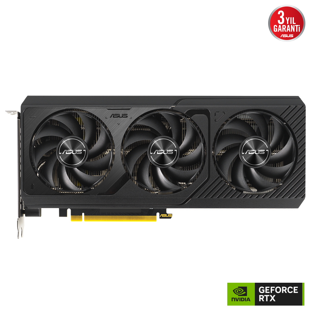 Siyah ASUS grafik kartı, üç fanlı, "ASUS" ve "GEFORCE RTX" yazılı.