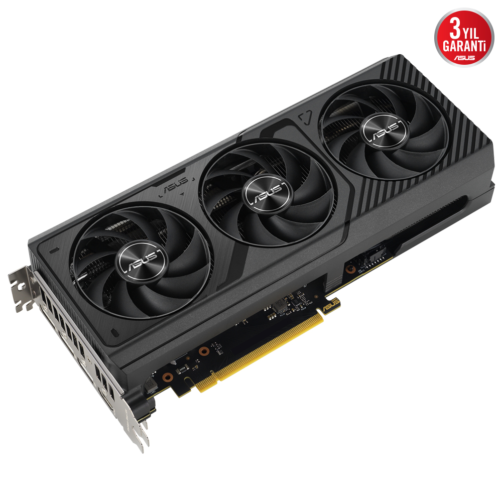 Üç fanlı siyah bir grafik kartı. Kartın gümüş vurguları ve ASUS logosu var. Arka plan beyaz.
