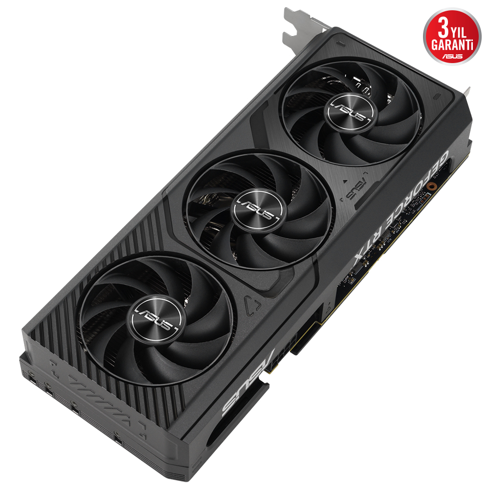 Üç fanlı siyah grafik kartı, ASUS markası görünür. Kart beyaz bir arka plan üzerinde.