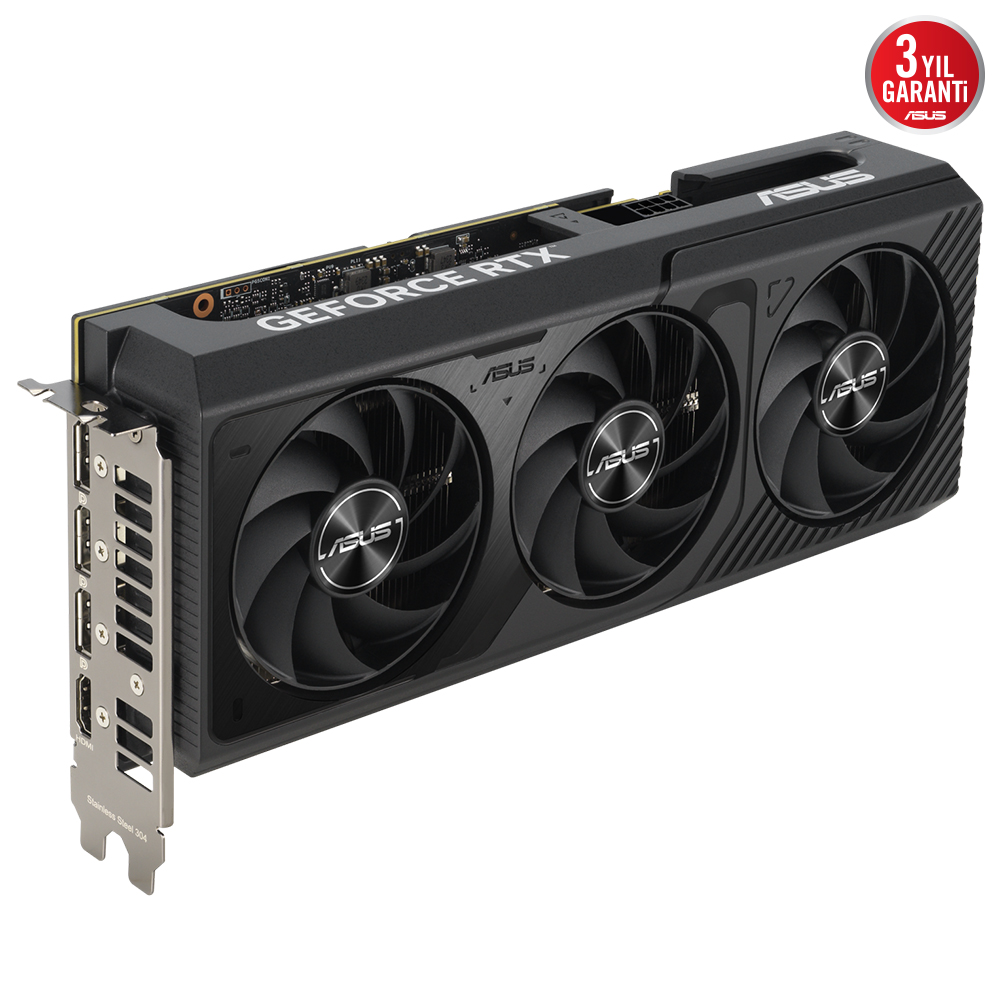 Üç fanlı, GEFORCE RTX yazılı ve ASUS logolu siyah grafik kartı.