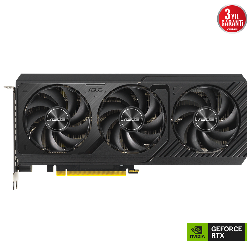 Üç fanlı ve yeşil bir Nvidia Geforce RTX logosuna sahip siyah Asus grafik kartı.