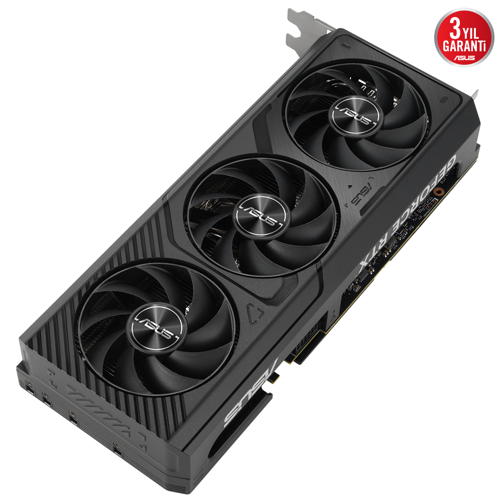 Üç fanlı siyah ve gri bir grafik kartı. Kartta ASUS ve GeForce RTX logoları var.