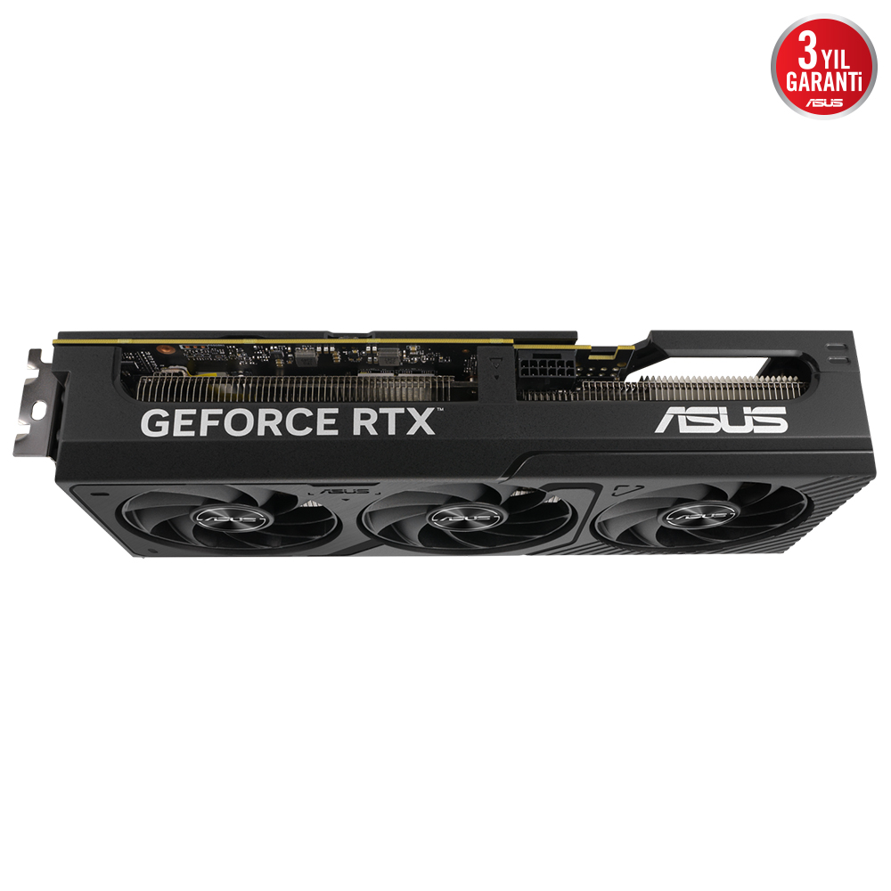 Üç fanlı siyah bir grafik kartı, GEFORCE RTX yazısı ve ASUS logosu.