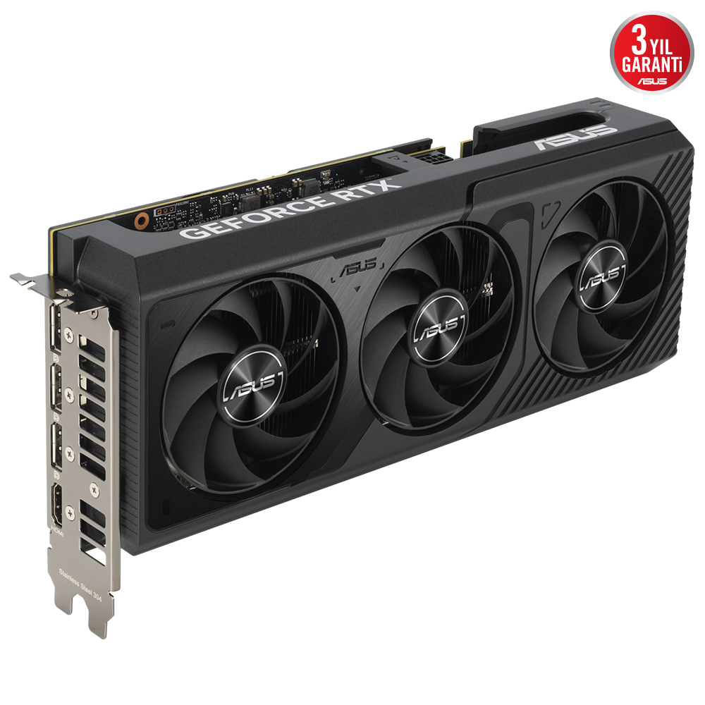 ASUS ve GEFORCE RTX markası ile üç fanlı siyah ve gümüş bir grafik kartı.
