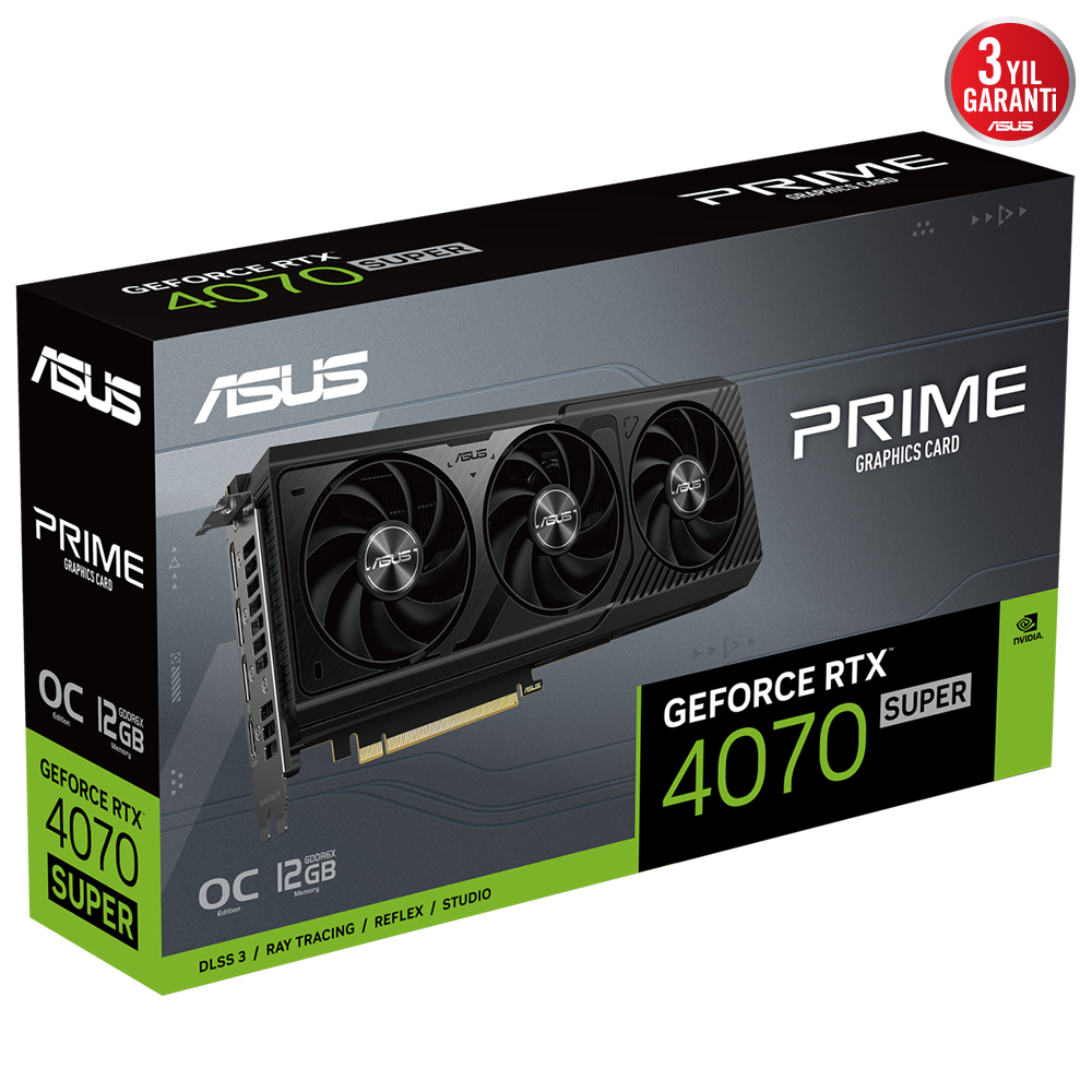 Asus GeForce RTX 4070 Super ekran kartı kutusu, siyah ve yeşil renkler.