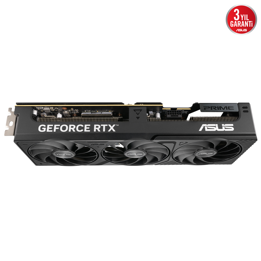 Grafik kartı. Siyah, üç fanlı, ASUS ve Geforce RTX markaları.