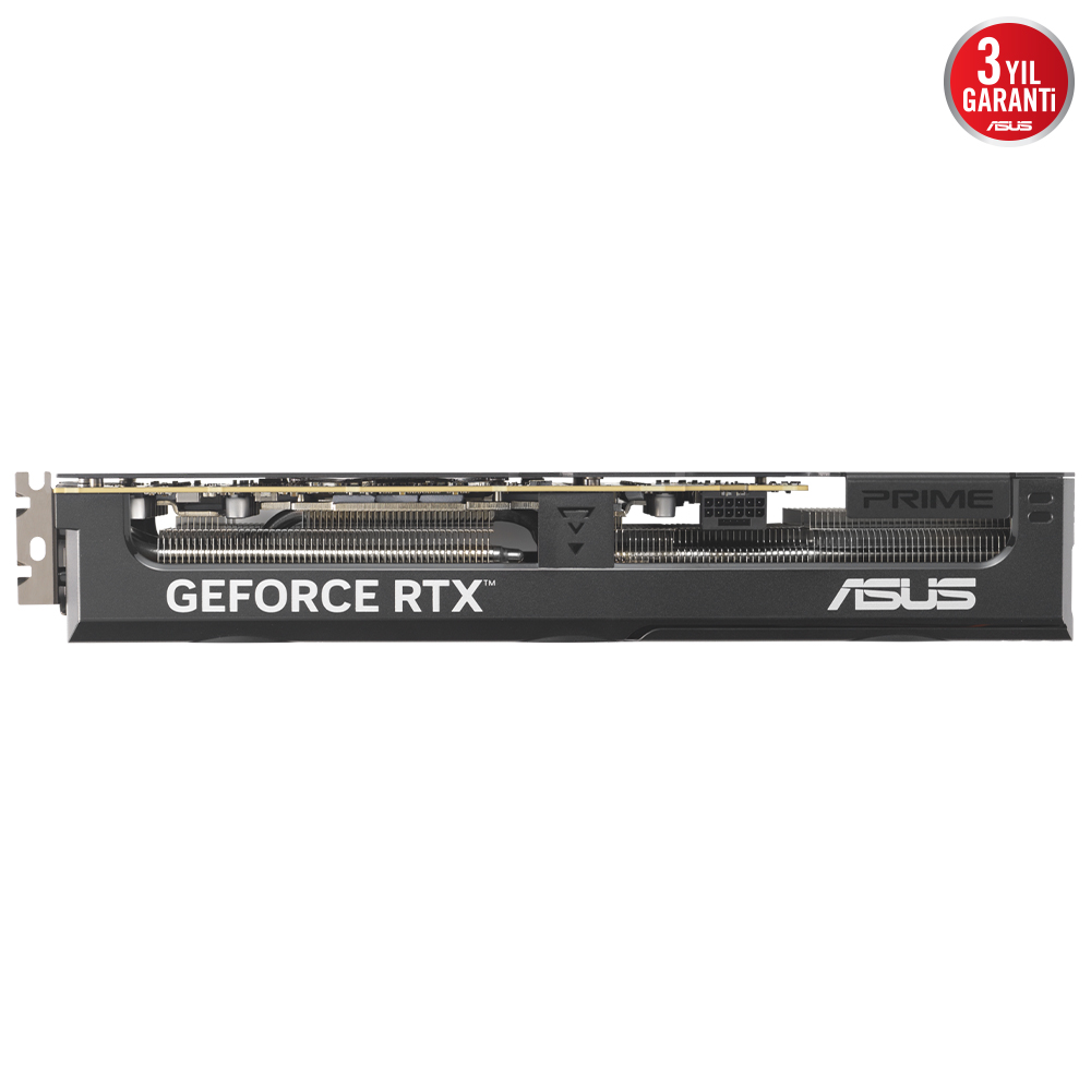 Beyaz bir zemin üzerinde GeForce RTX logosu ve PRIME markası bulunan siyah ASUS grafik kartı.