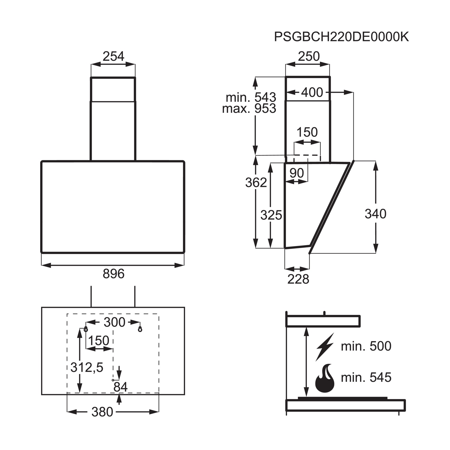 Diagramma di una cappa aspirante con dimensioni etichettate.