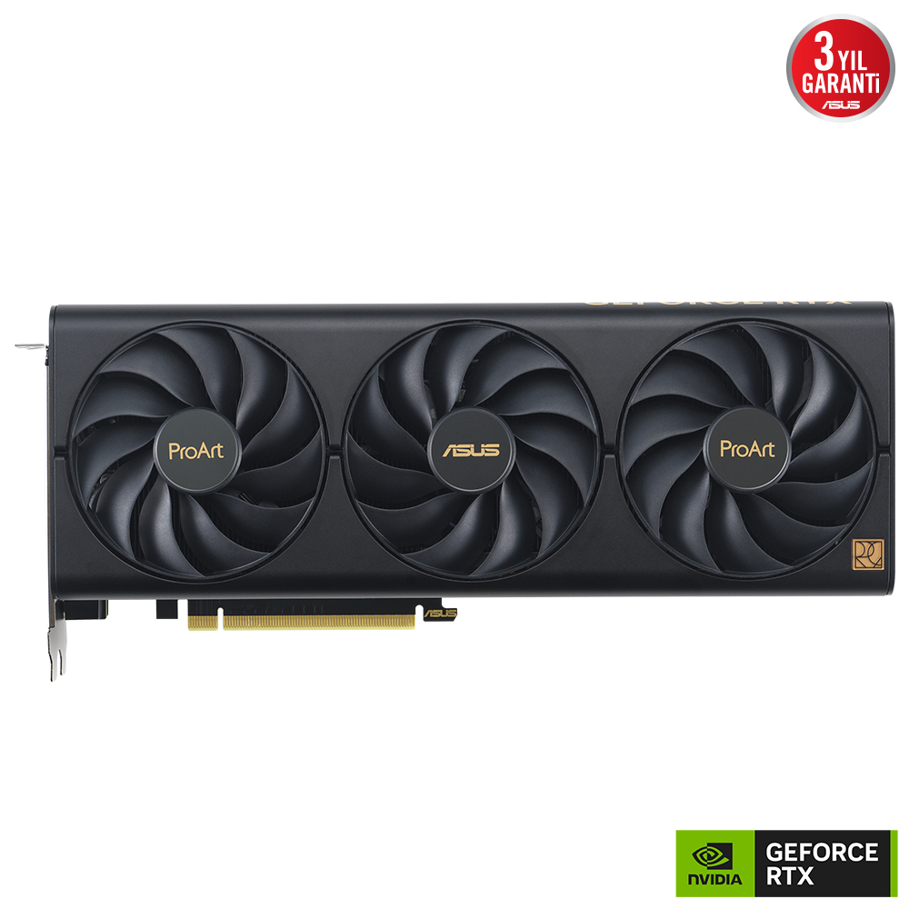 Üç fanlı siyah grafik kartı, ProArt ve Asus logoları. NVIDIA ve RTX logoları.