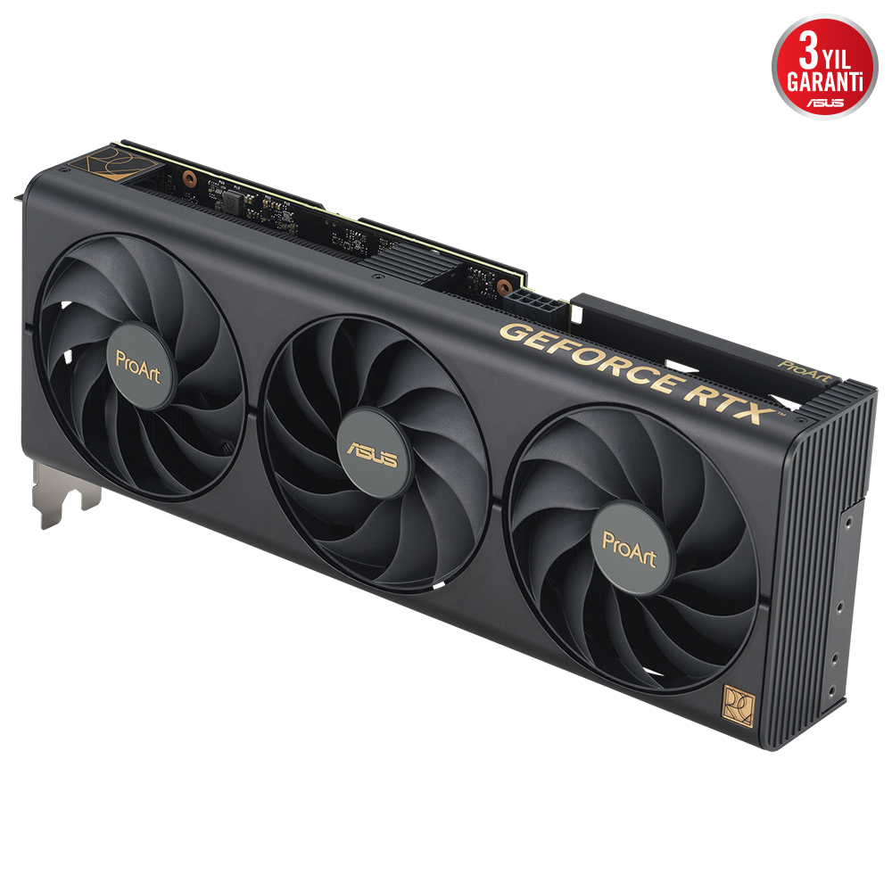 Üç fanlı ve ASUS logolu siyah ve altın renkli bir ProArt GeForce RTX grafik kartı.