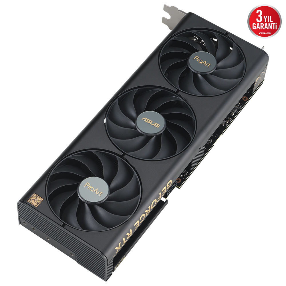 Üç fanlı siyah grafik kartı, ASUS logosu ve 'GeForce RTX' metni. Beyaz arka plan üzerinde izole edilmiş.