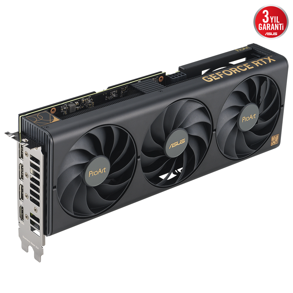 Üç fanlı siyah ASUS ProArt GeForce RTX grafik kartı. Altın renkli yazı ve 3 yıl garanti rozeti görülebilir.