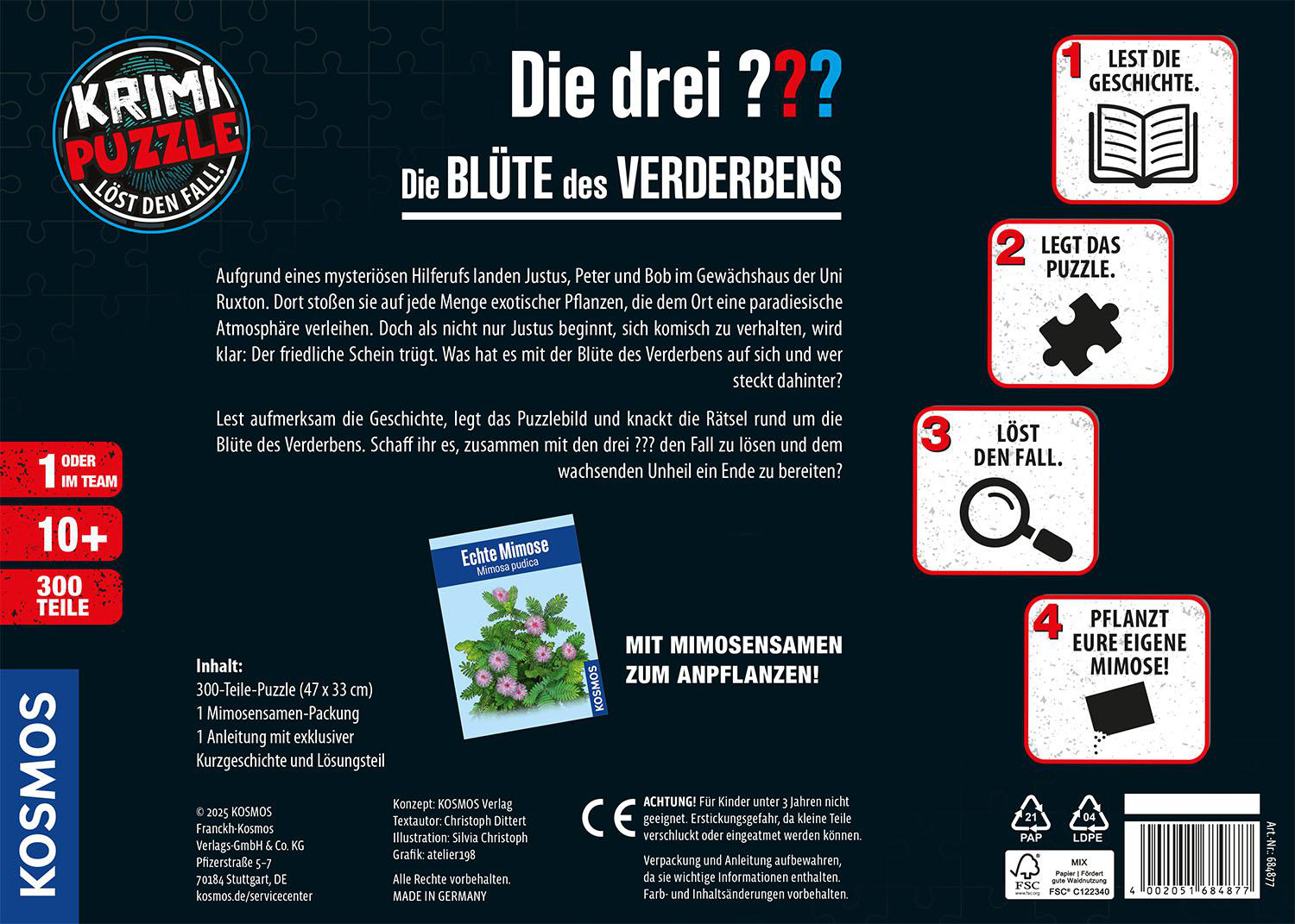 Puzzledose mit Text: 'Die drei ???', 'Blüte des Verderbens'. Enthält Puzzle, Anleitung und Spiel.