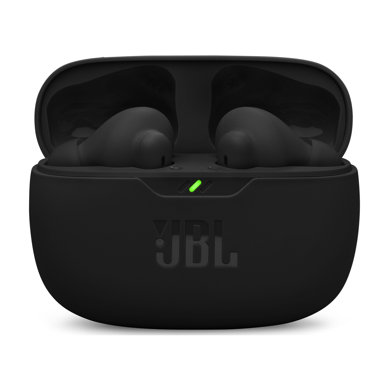 Auricolari neri in una custodia di ricarica nera aperta con il logo JBL e una luce verde.
