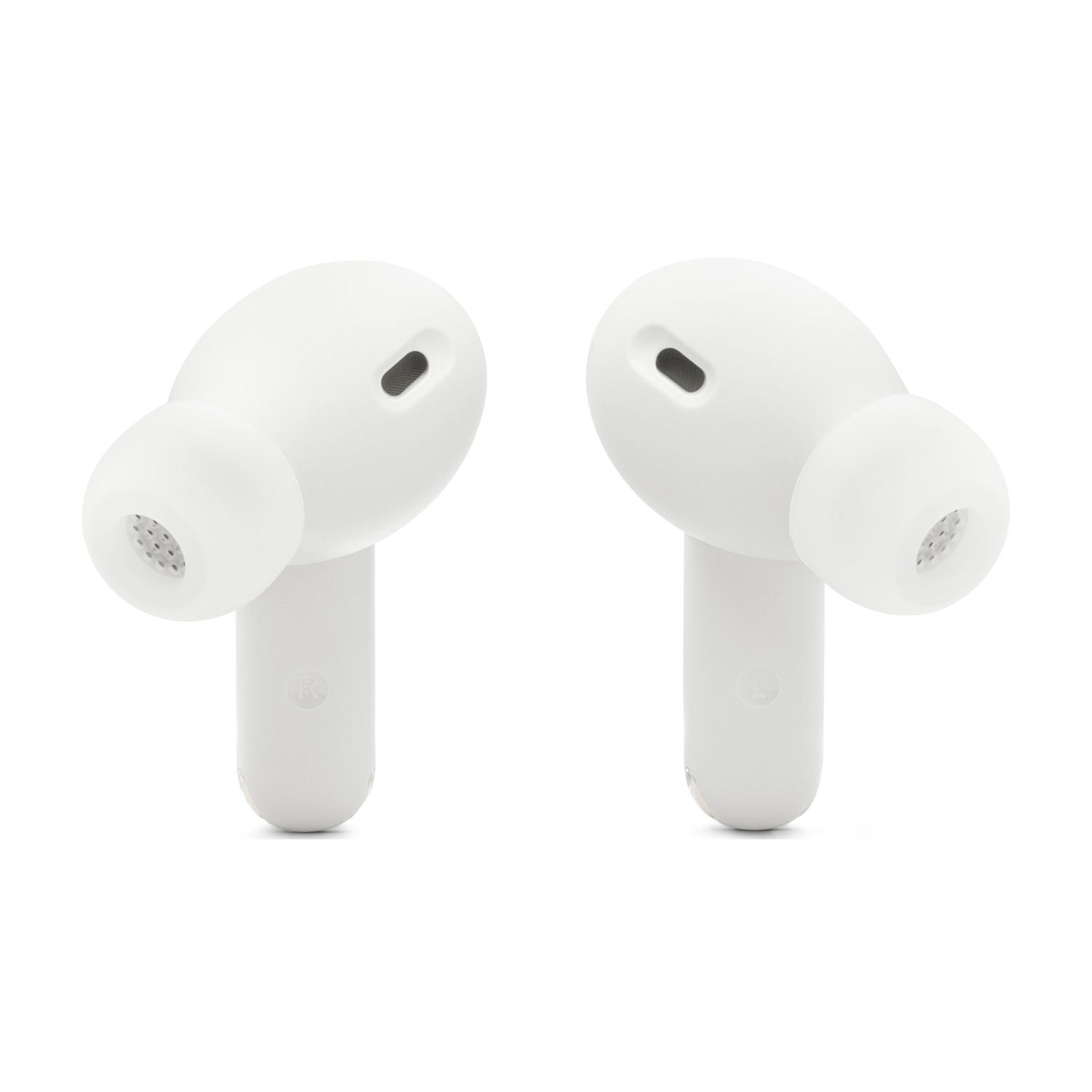 Coppia di auricolari JBL bianchi. Ognuno ha il logo JBL. Sfondo bianco. Auricolare e altoparlante visibili.