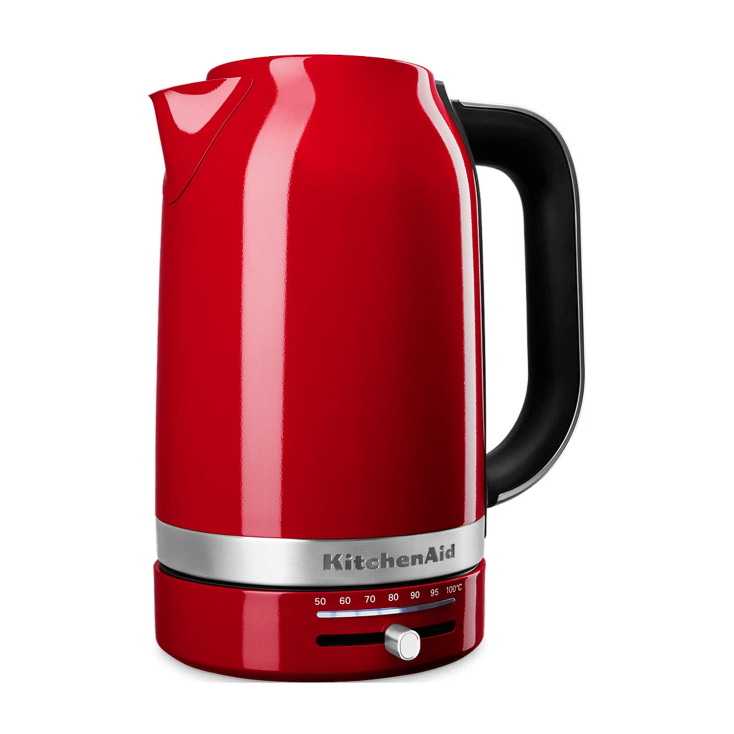 Un bollitore KitchenAid rosso con manico e base neri.