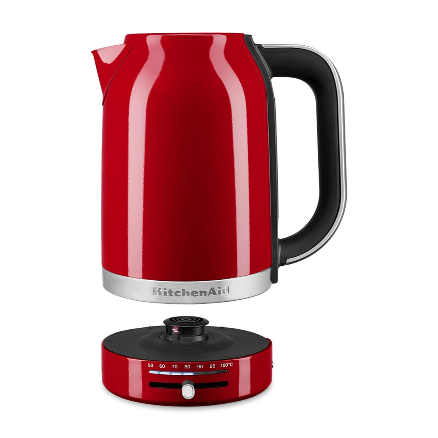 Bollitore elettrico KitchenAid rosso con manico e base neri. La base ha un quadrante della temperatura.