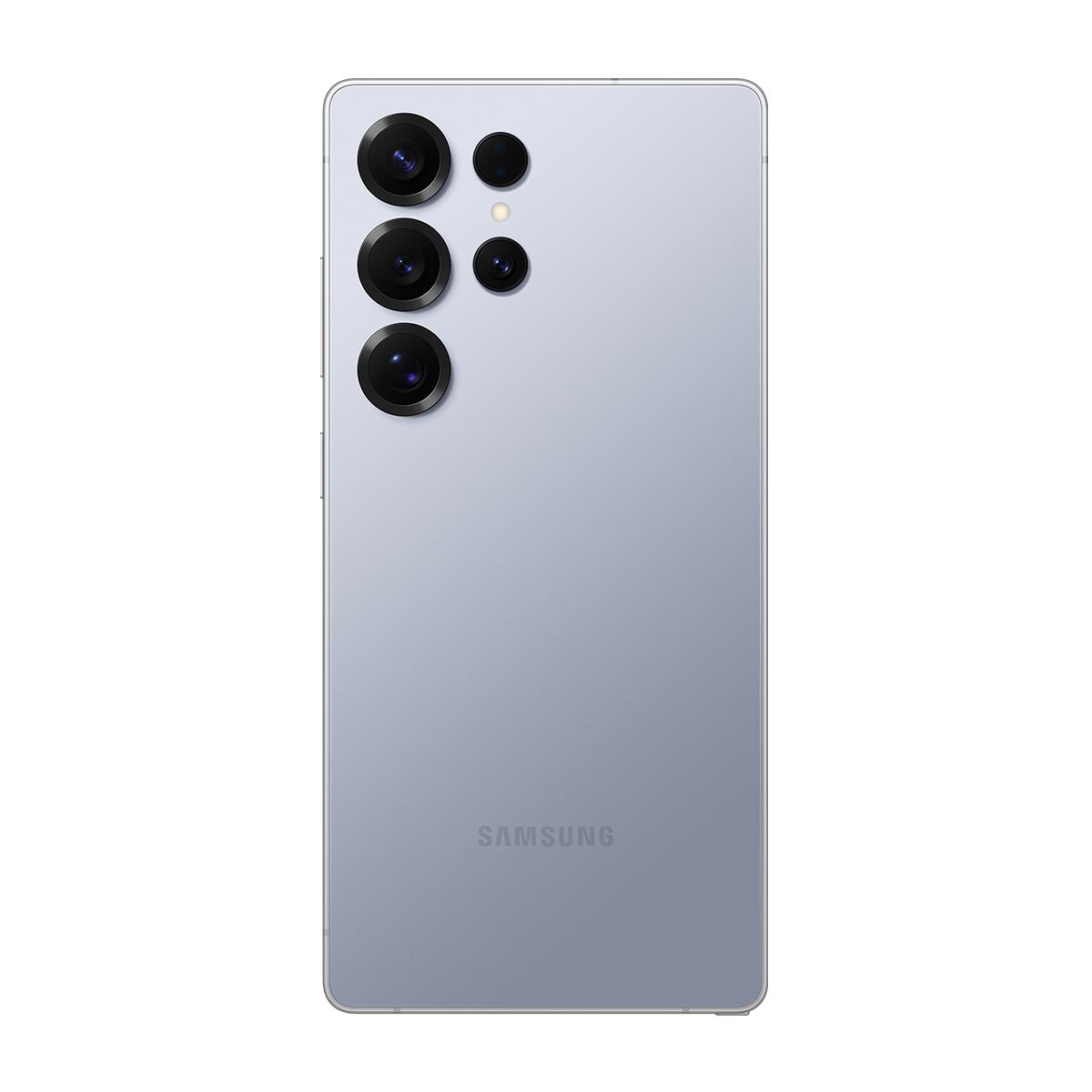 Arkada çoklu kameralı açık mavi bir telefon. Samsung logosu görünür durumda.