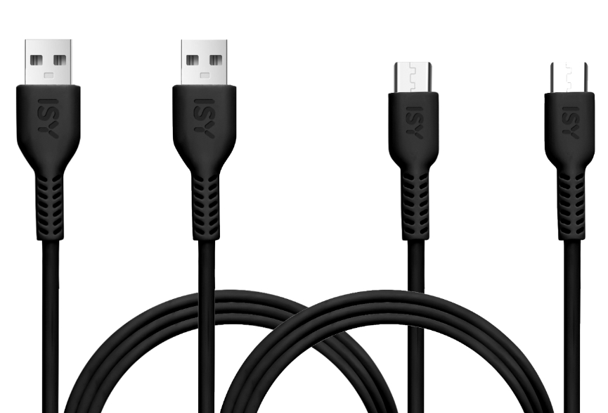 Vier schwarze USB-Kabel mit verschiedenen Anschlüssen vor weißem Hintergrund.