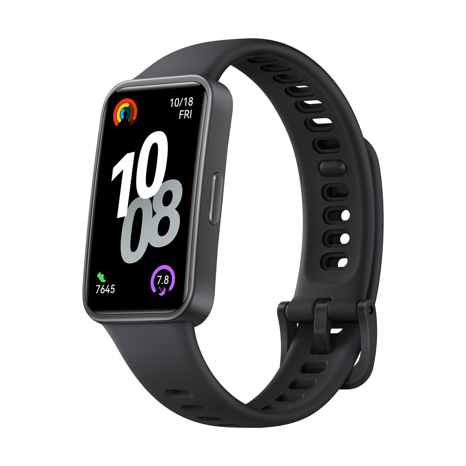 Smartwatch nero con cinturino nero, che mostra l'ora e i dati dell'attività.