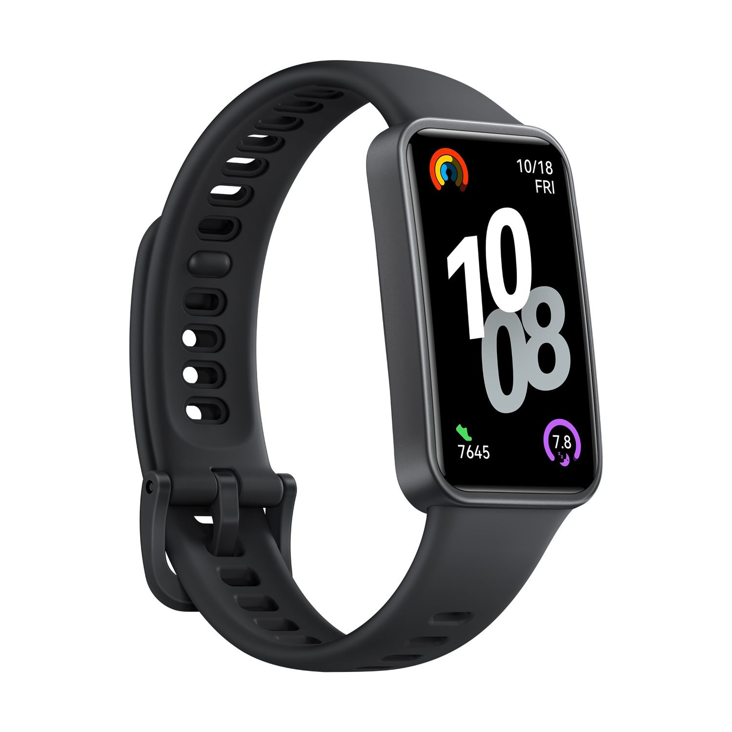 Smartwatch nera con display che mostra ora e metriche di salute su sfondo bianco.