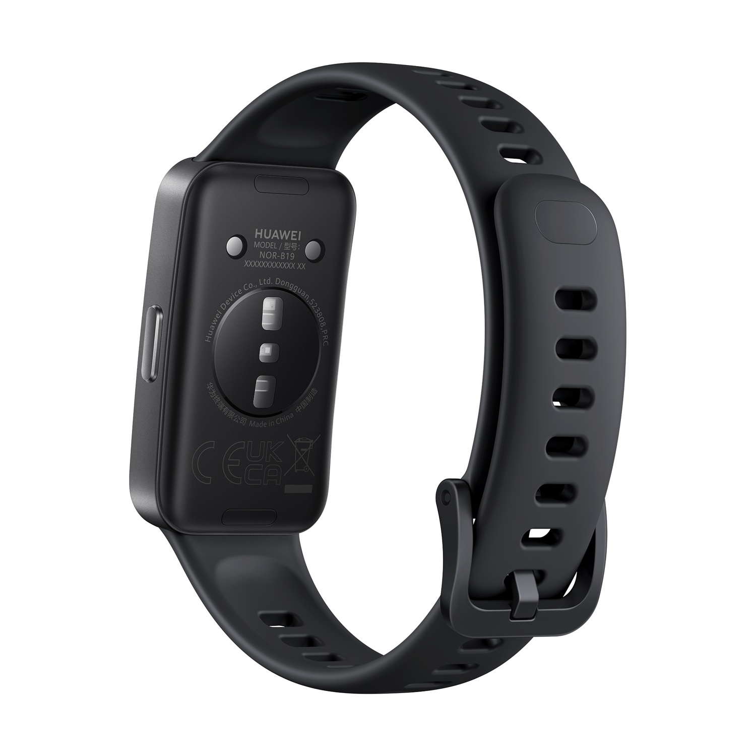 Un fitness tracker nero con cinturino nero.