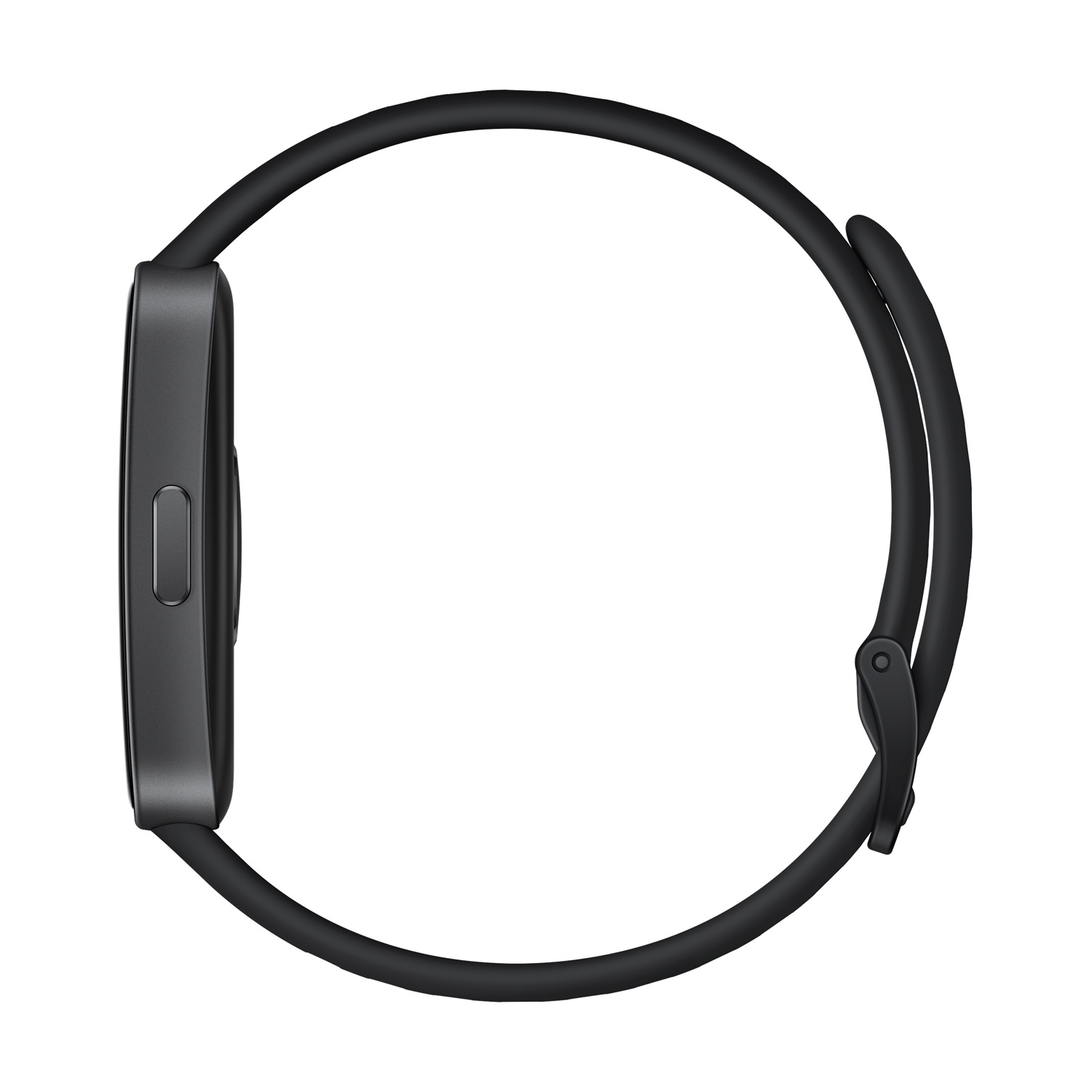 Vista laterale di uno smartwatch nero. Cinturino nero e un pulsante. Sfondo bianco.