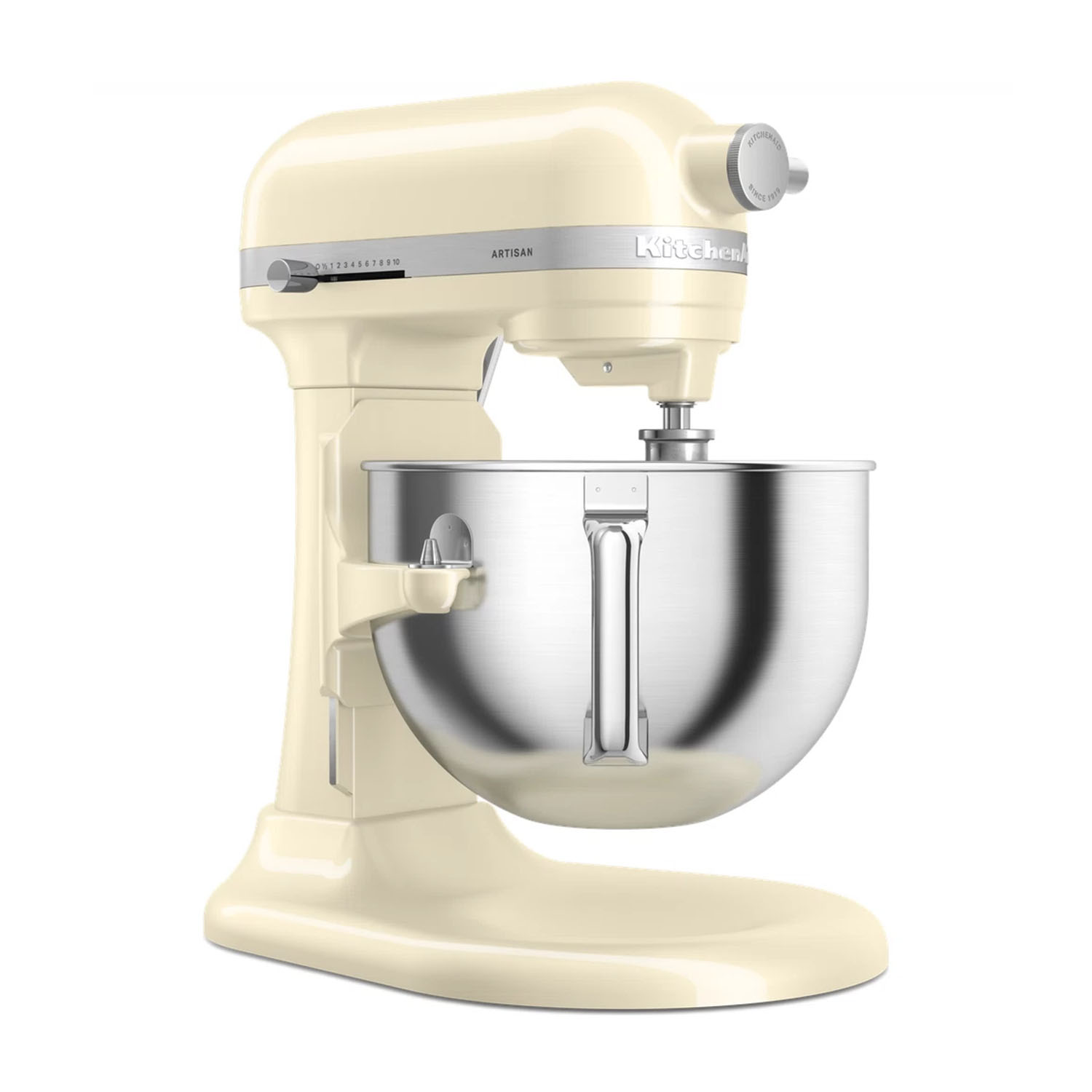 Impastatrice KitchenAid Artisan color crema, ciotola in acciaio inox, su sfondo bianco.