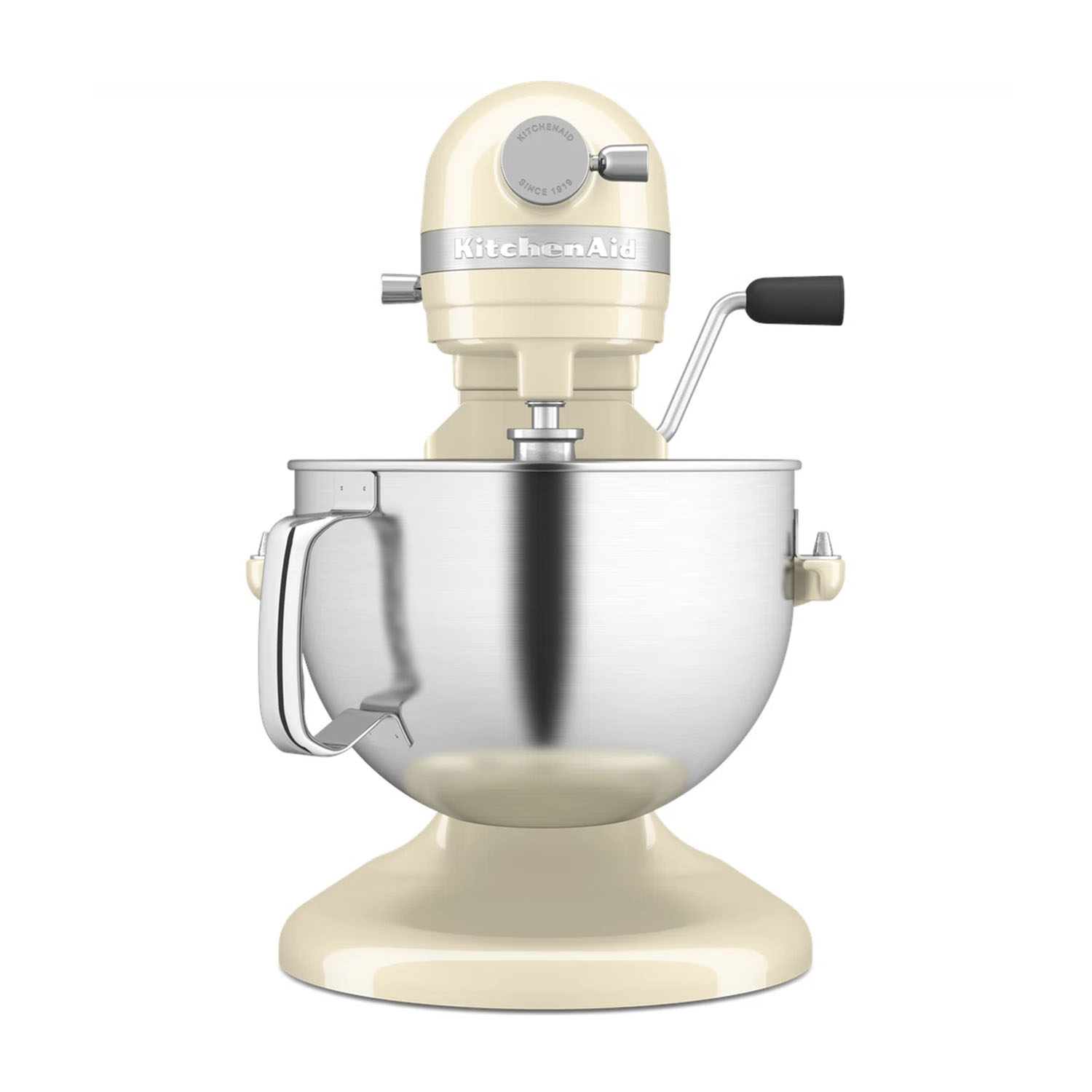 Un mixer a supporto KitchenAid color crema su sfondo bianco.