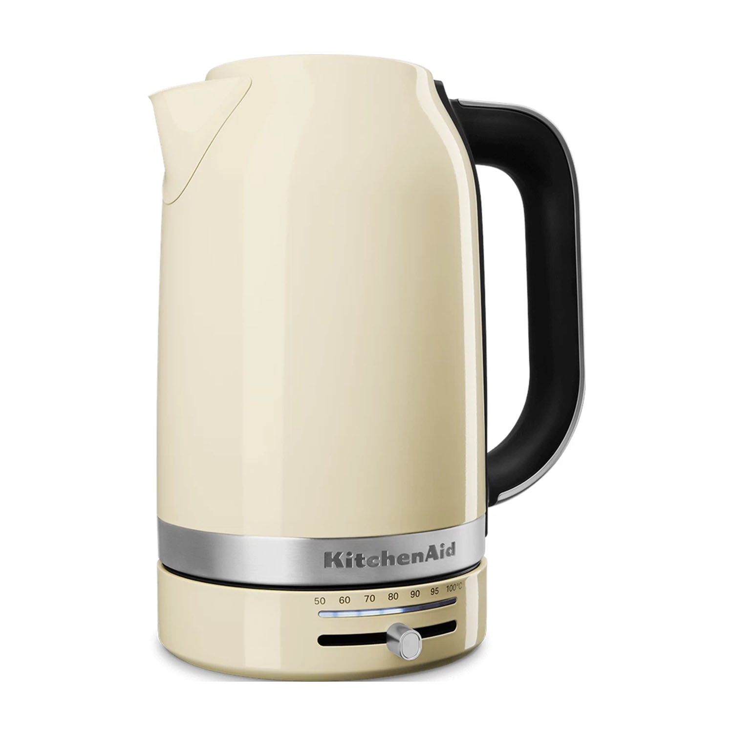 Bollitore elettrico color crema con manico nero e quadrante. 'KitchenAid' è visibile.