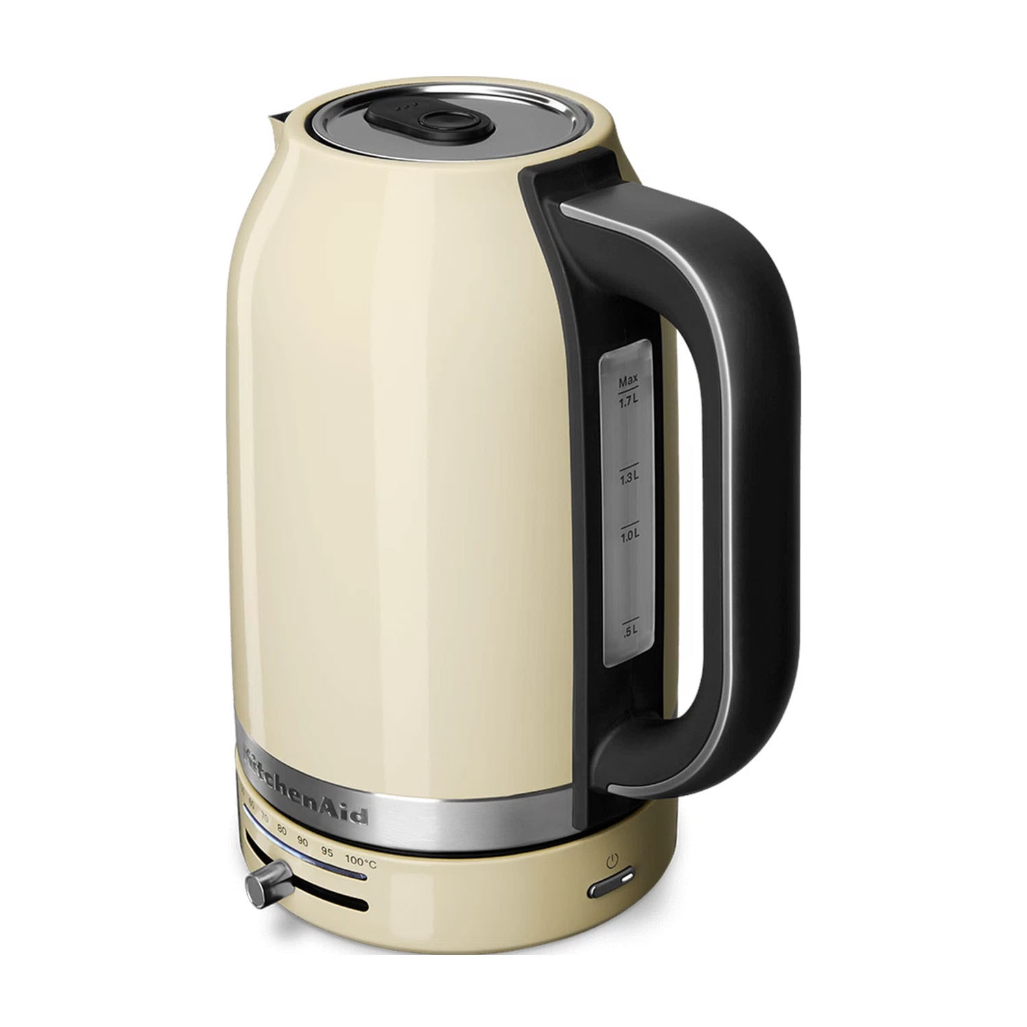 Bollitore elettrico color crema con manico nero e impostazioni della temperatura.