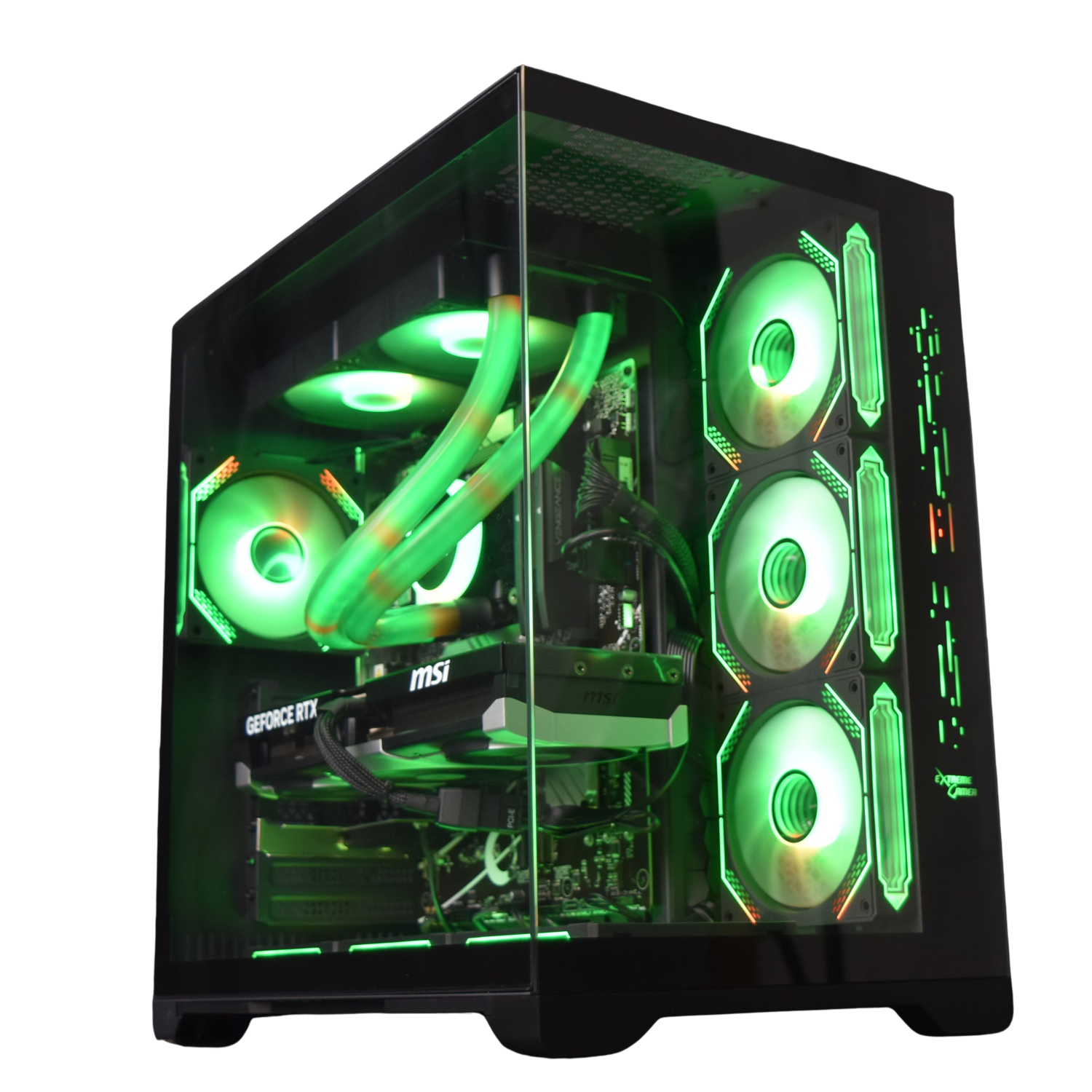 Een pc-behuizing met groene lichten, die interne componenten toont. Zwarte achtergrond.