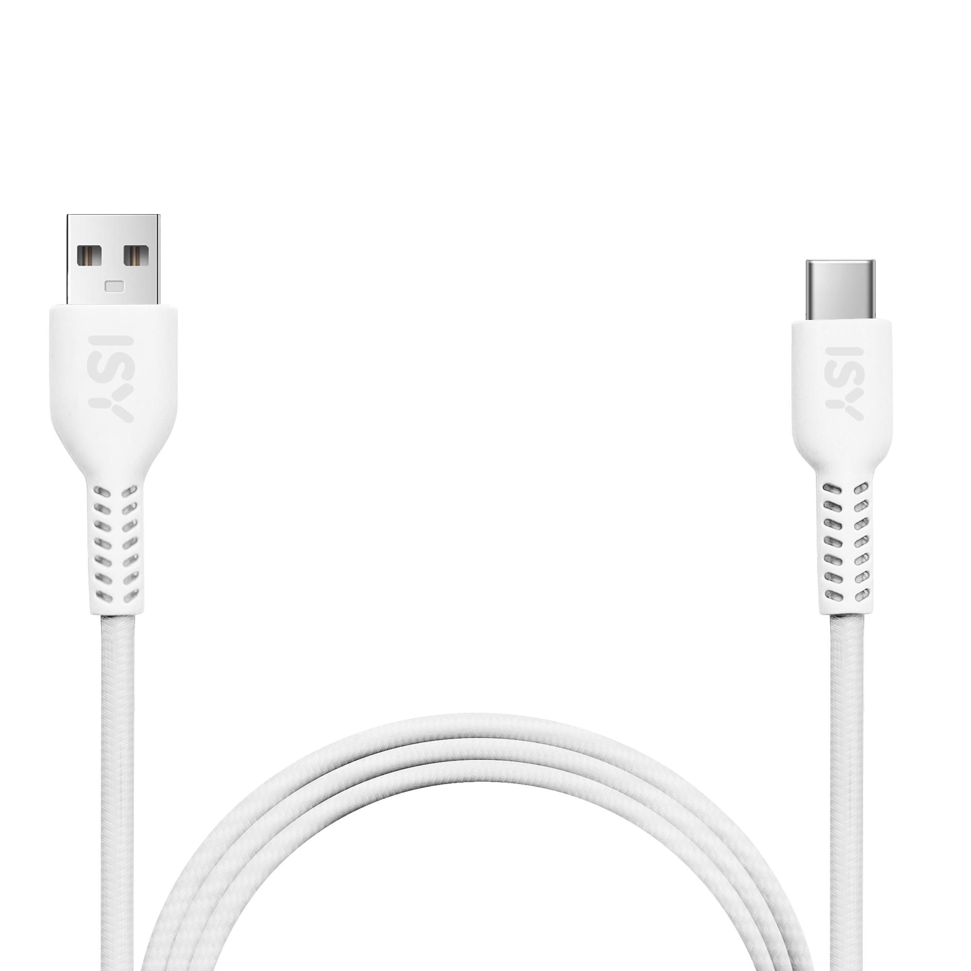 Weißes USB-C-Kabel, weißer Hintergrund. Ein Ende ist USB, das andere USB-C.