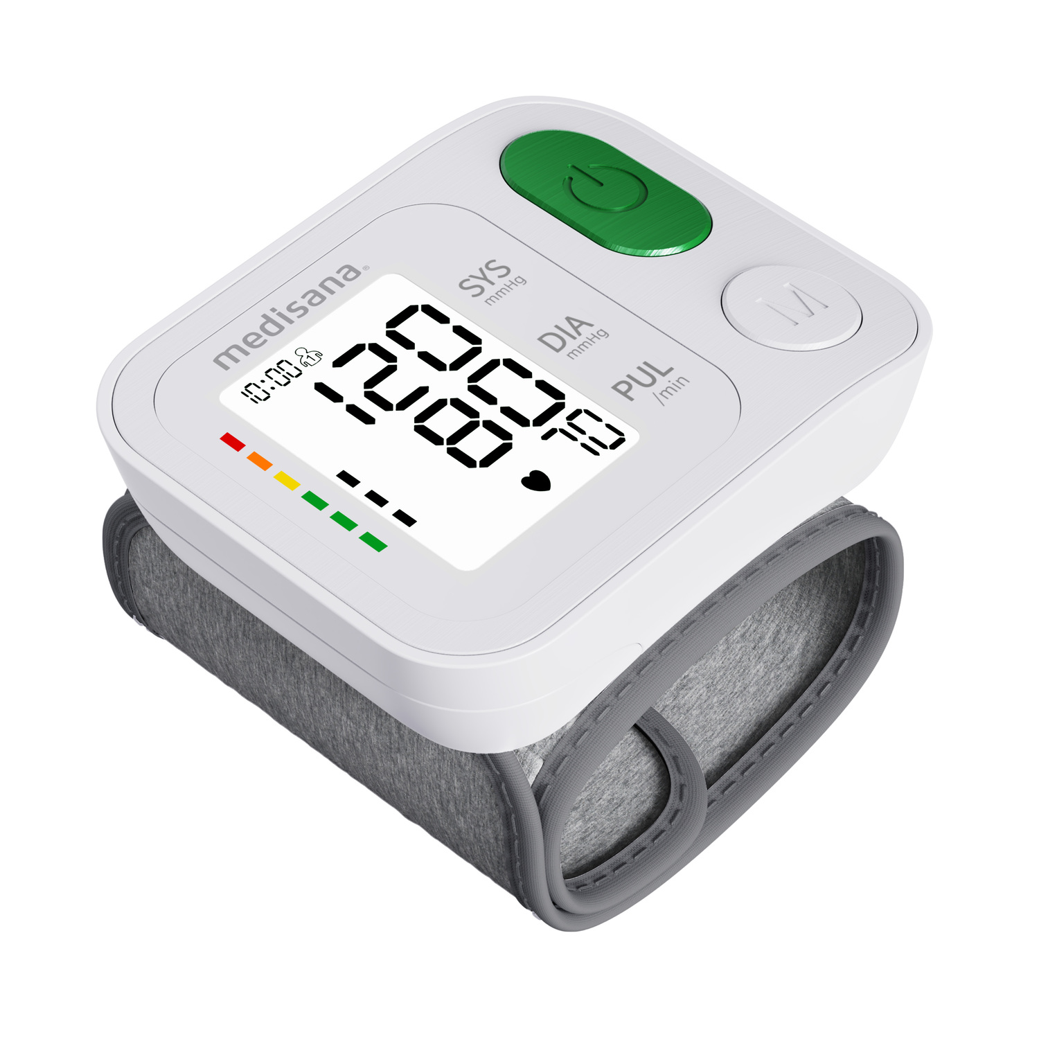 White blood pressure monitor with gray cuff. Displays numbers and green power button.