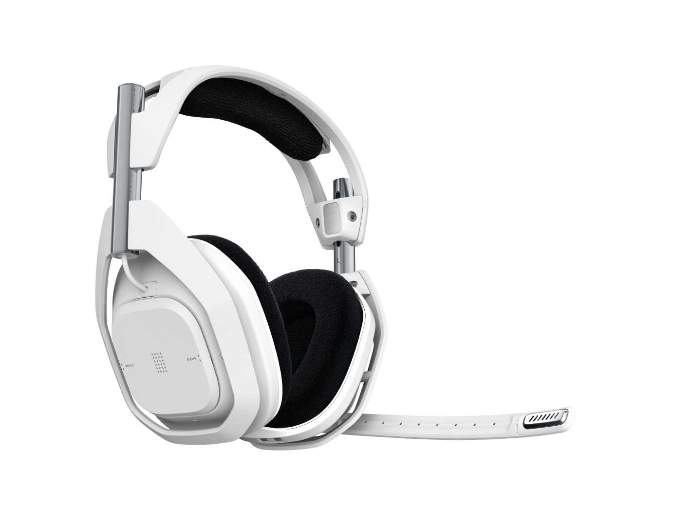 Weißes Gaming-Headset mit Mikrofon. Schwarze Ohrmuscheln und ein weißes Kopfband.