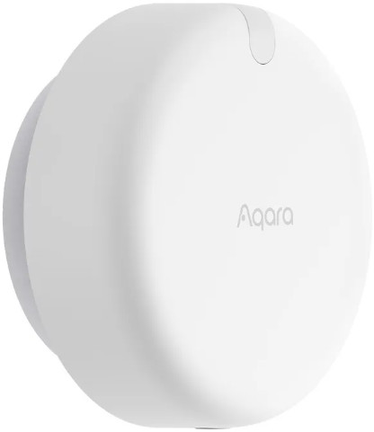 Białe urządzenie smart home Aqara. Okrągły kształt. Widoczne logo Aqara.