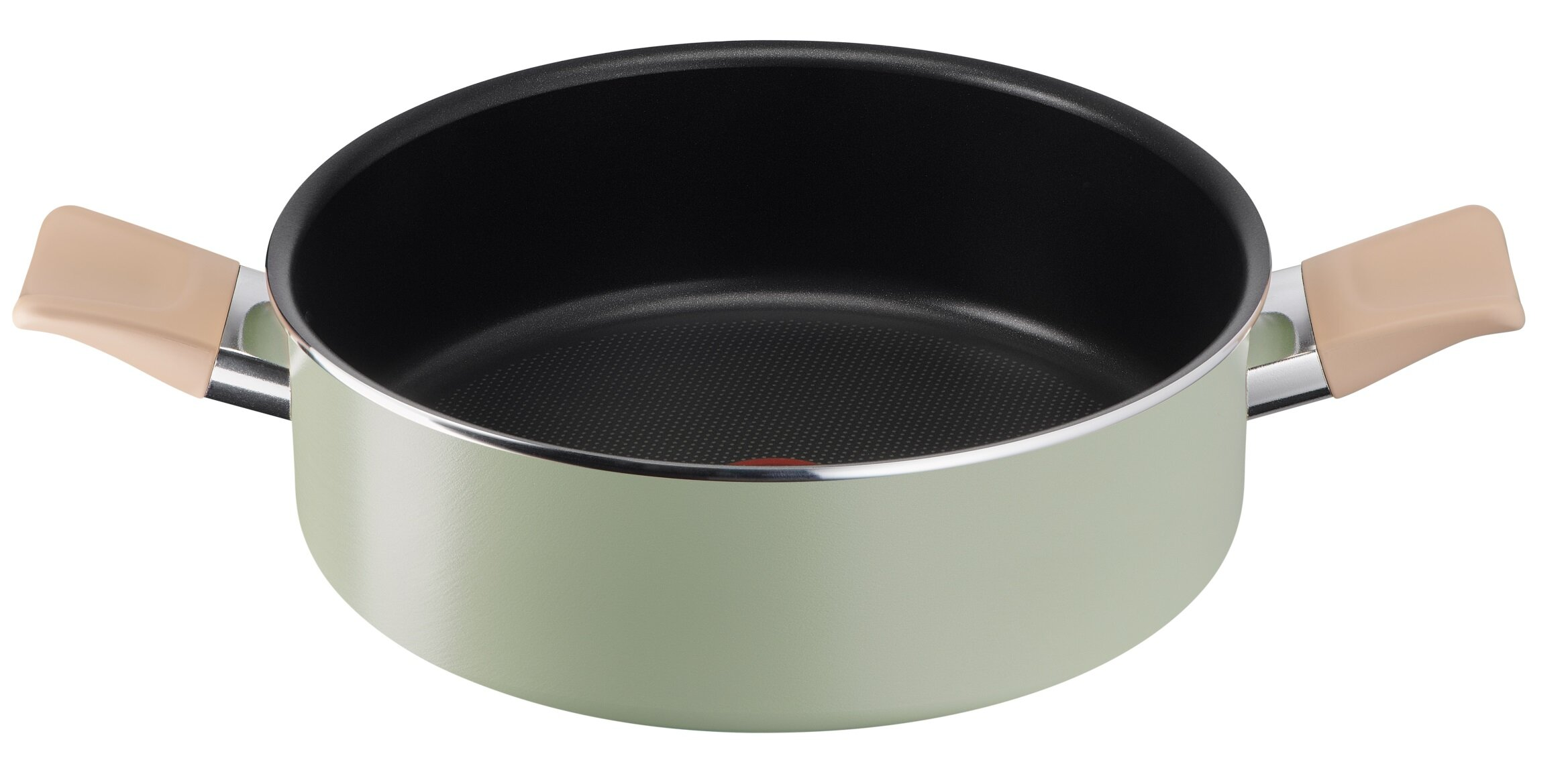 Zielony garnek do gotowania z czarnym wnętrzem i beżowymi uchwytami. Białe tło.
