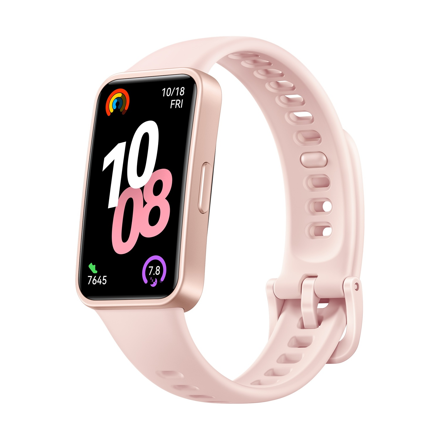 Smartwatch rosa con cinturino rosa. Lo schermo mostra la data e l'ora.