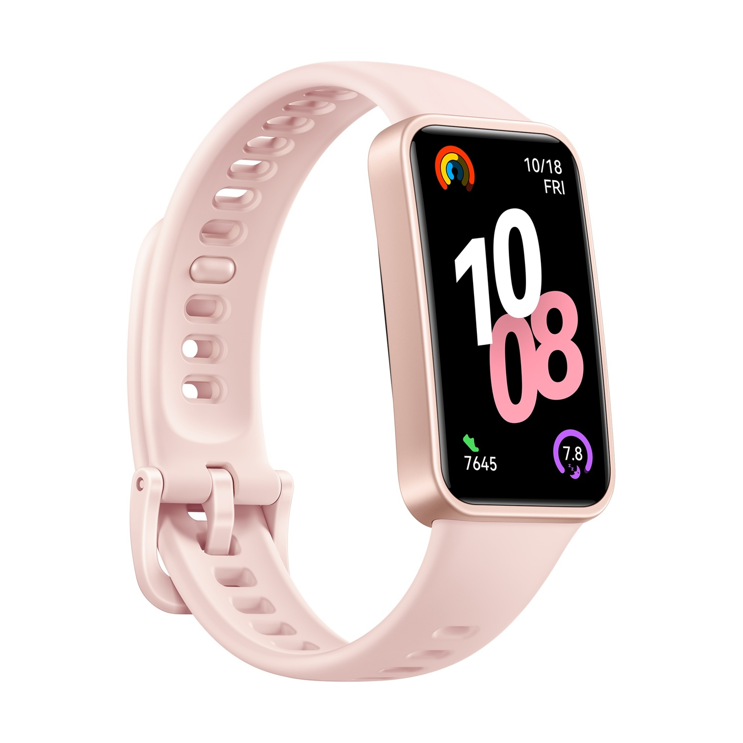 Smartwatch rosa con schermo che mostra ora e metriche di salute.