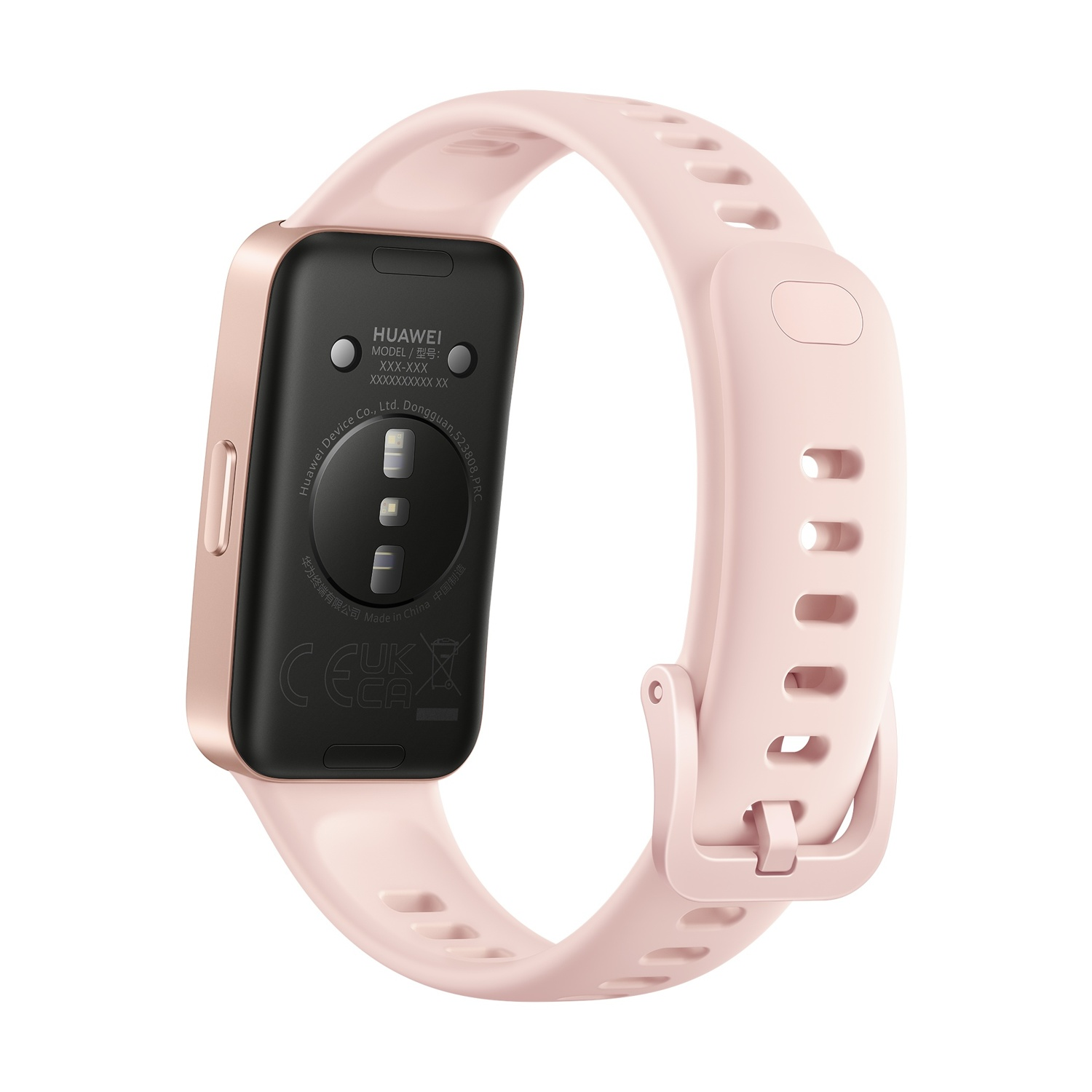 Smartwatch rosa, vista posteriore. L'orologio ha un'area sensore nera e cinturino rosa.