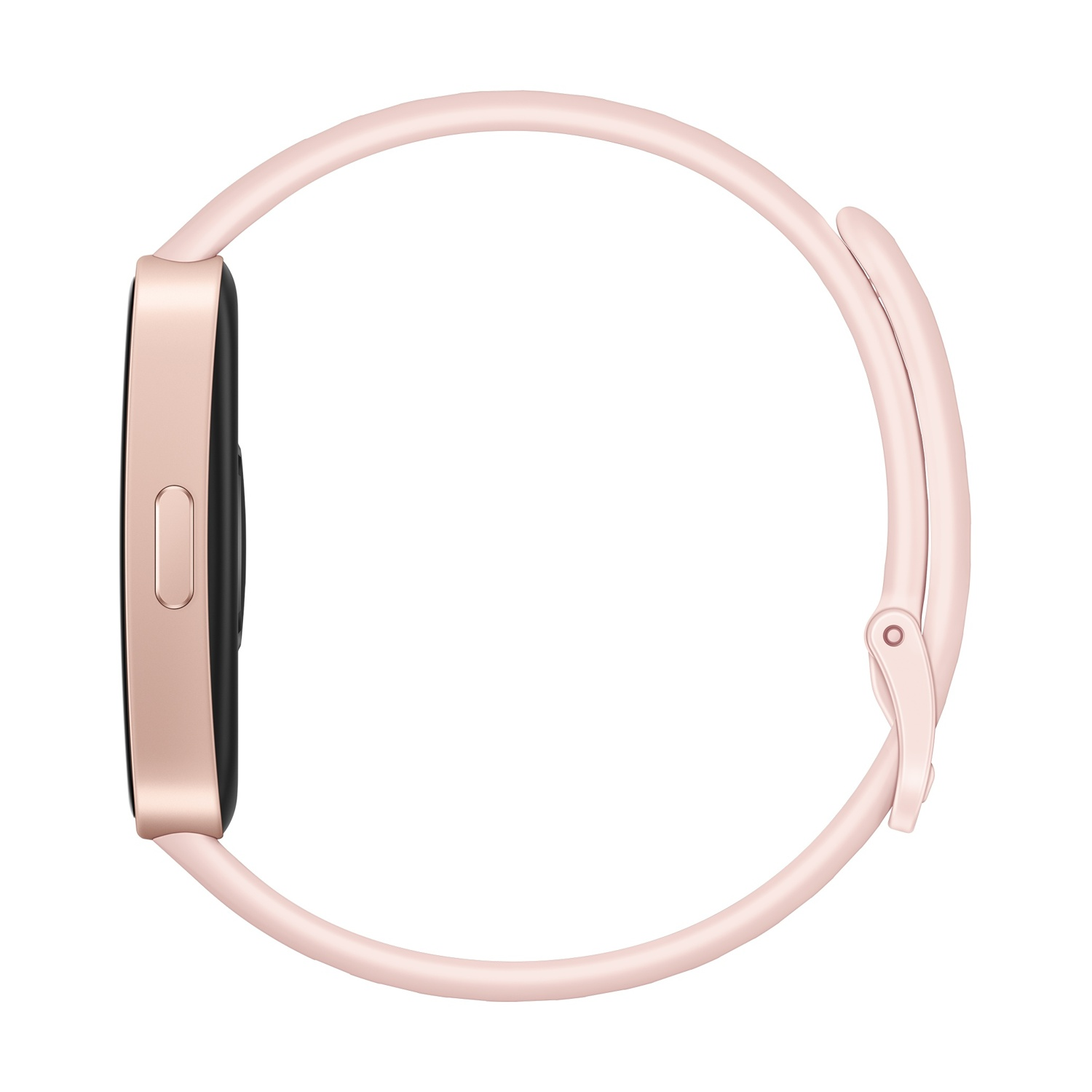 Smartwatch rosa di profilo. Mostra il lato con un pulsante e il cinturino rosa.