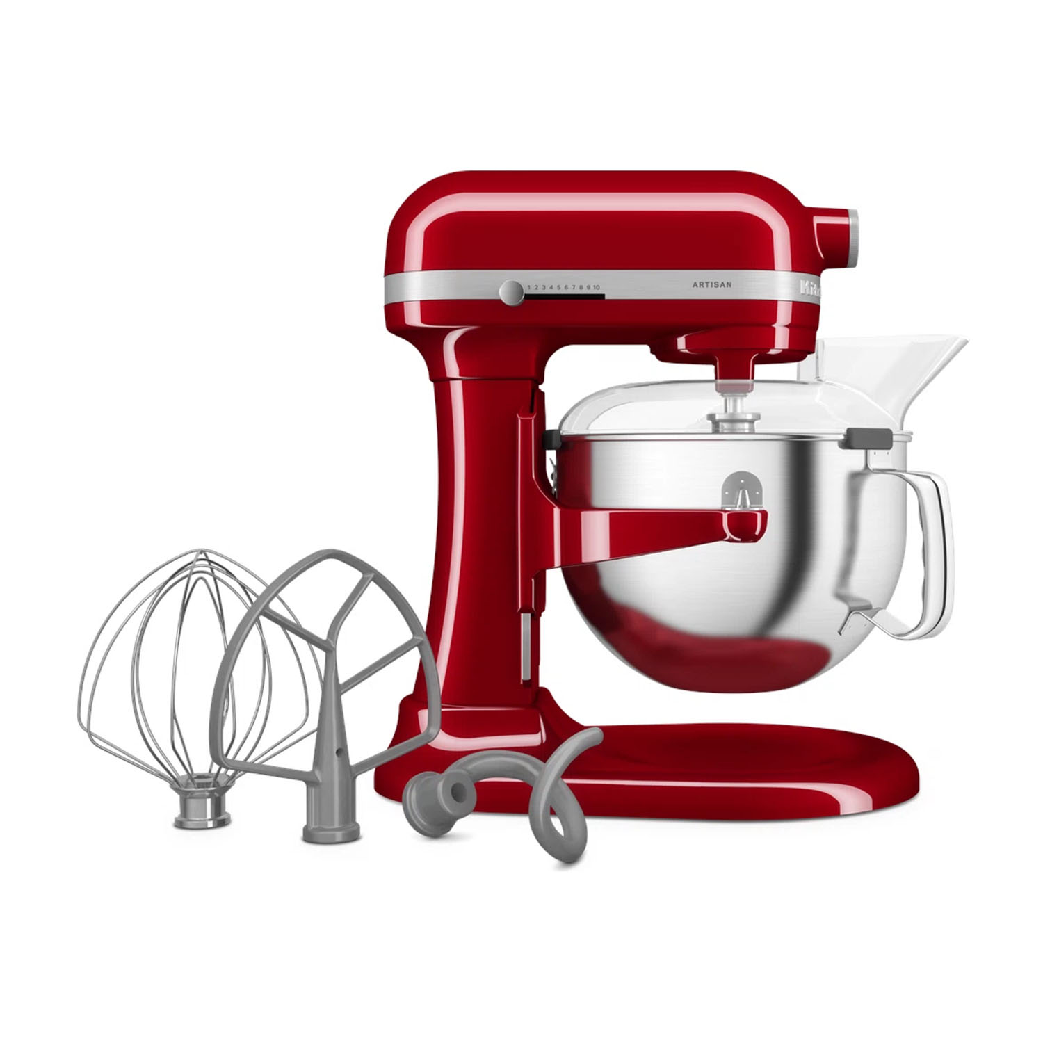 Impastatrice KitchenAid rossa con accessori su una superficie bianca.