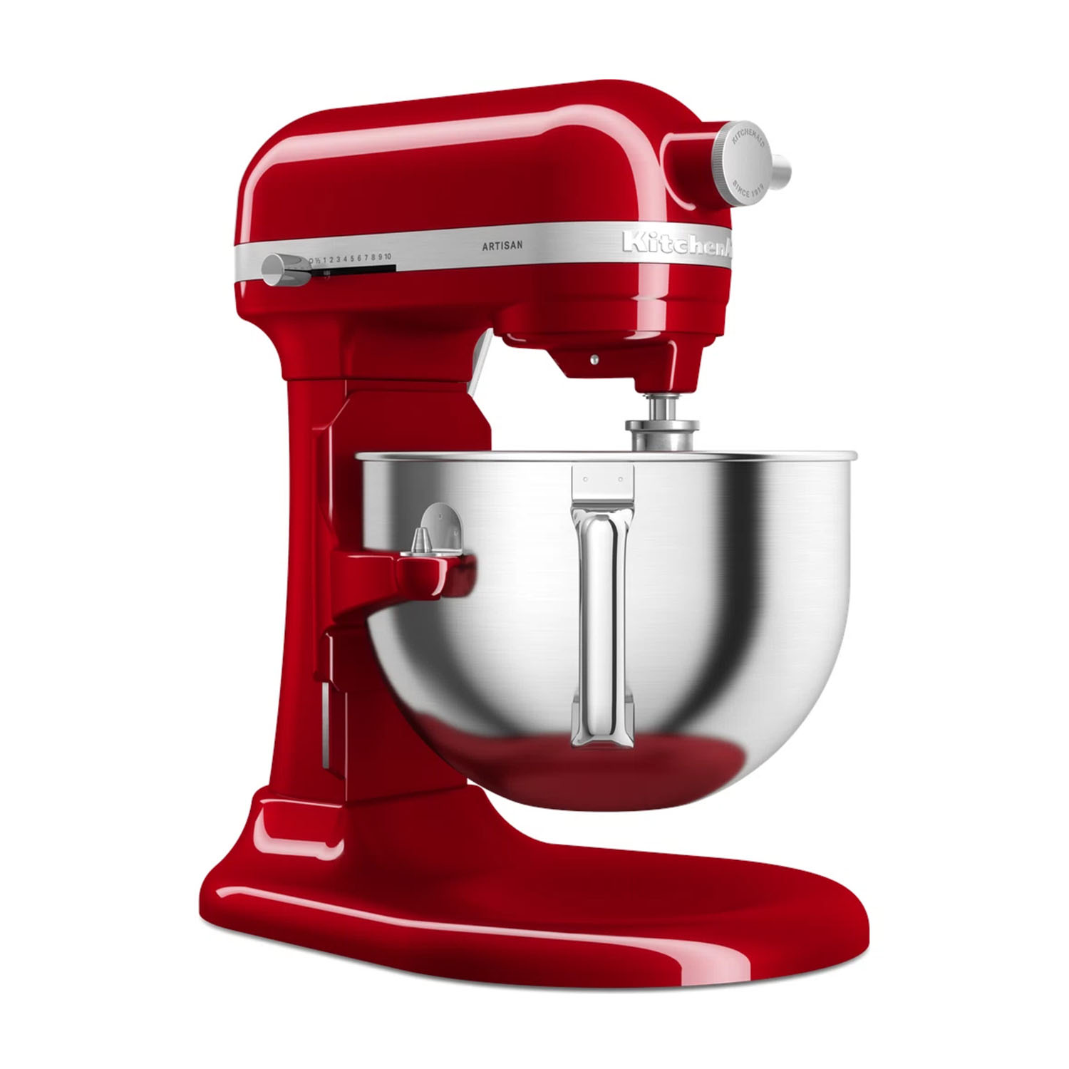 Frullatore KitchenAid rosso con ciotola argentata. È su sfondo bianco.