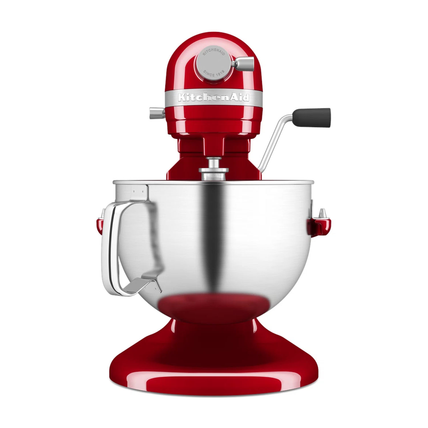 Robot da cucina KitchenAid rosso. Ha una ciotola d'acciaio e una maniglia. Il mixer è su sfondo bianco.