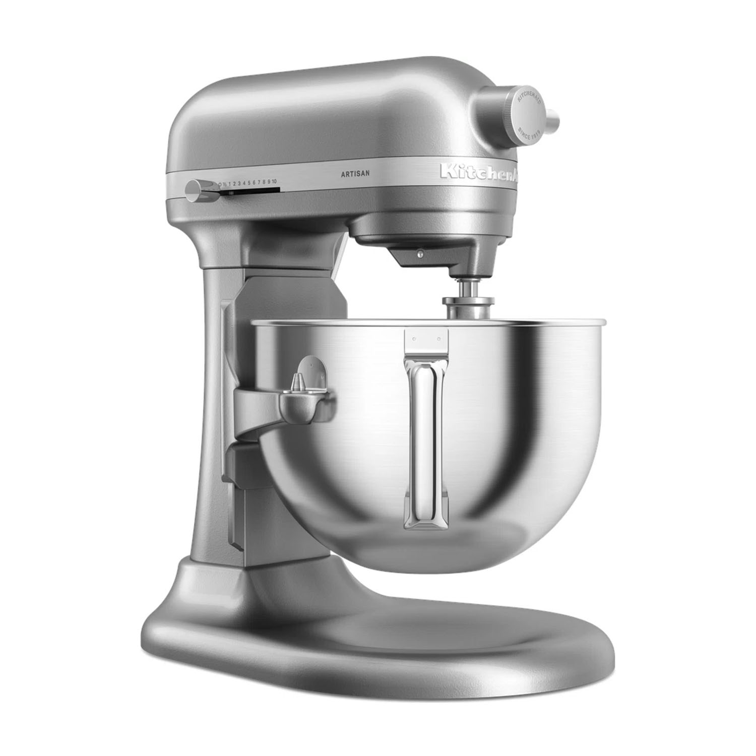 Impastatrice KitchenAid argentata su sfondo bianco.